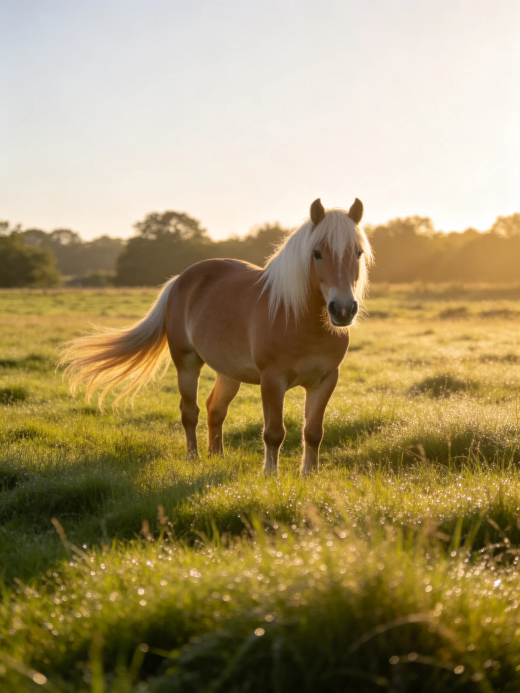 A palomino pony in a dewy green meadow at sunrise