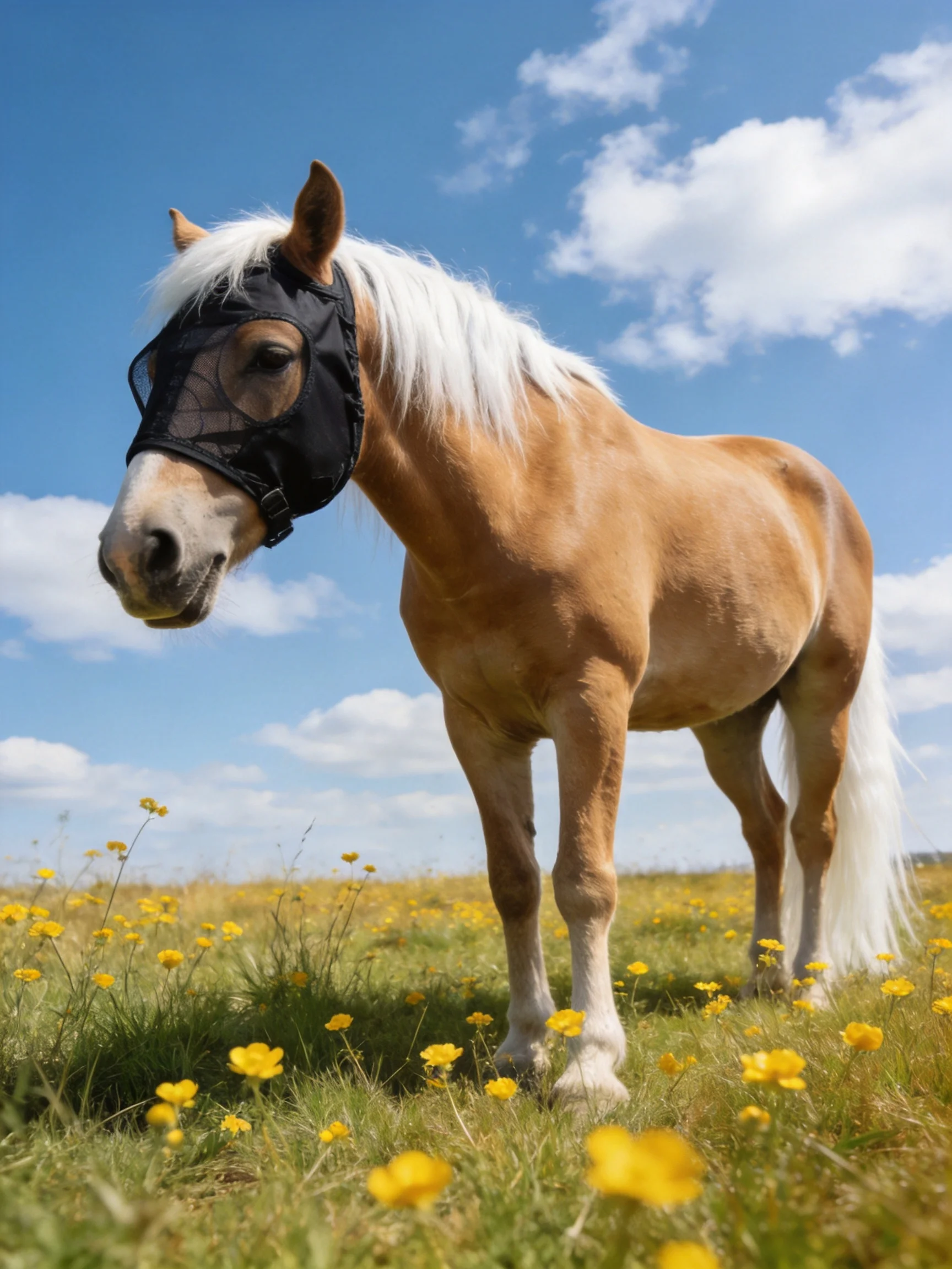 A palomino pony wearing a black fly mask stands in a field of yellow wildflowers