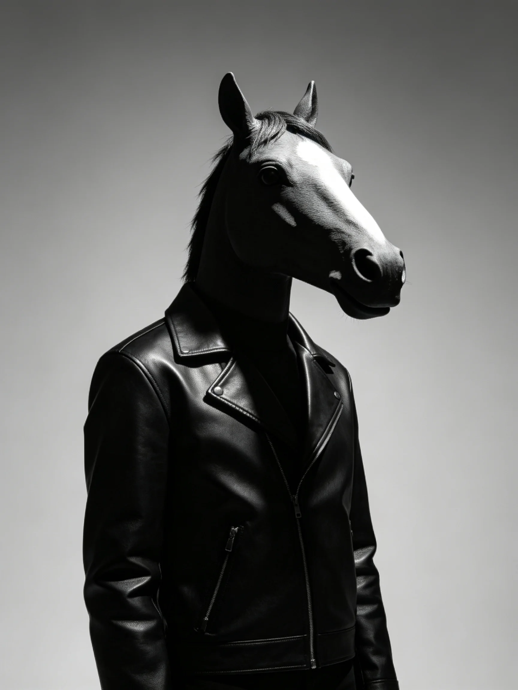 A person wearing a horse head mask in a black leather jacket