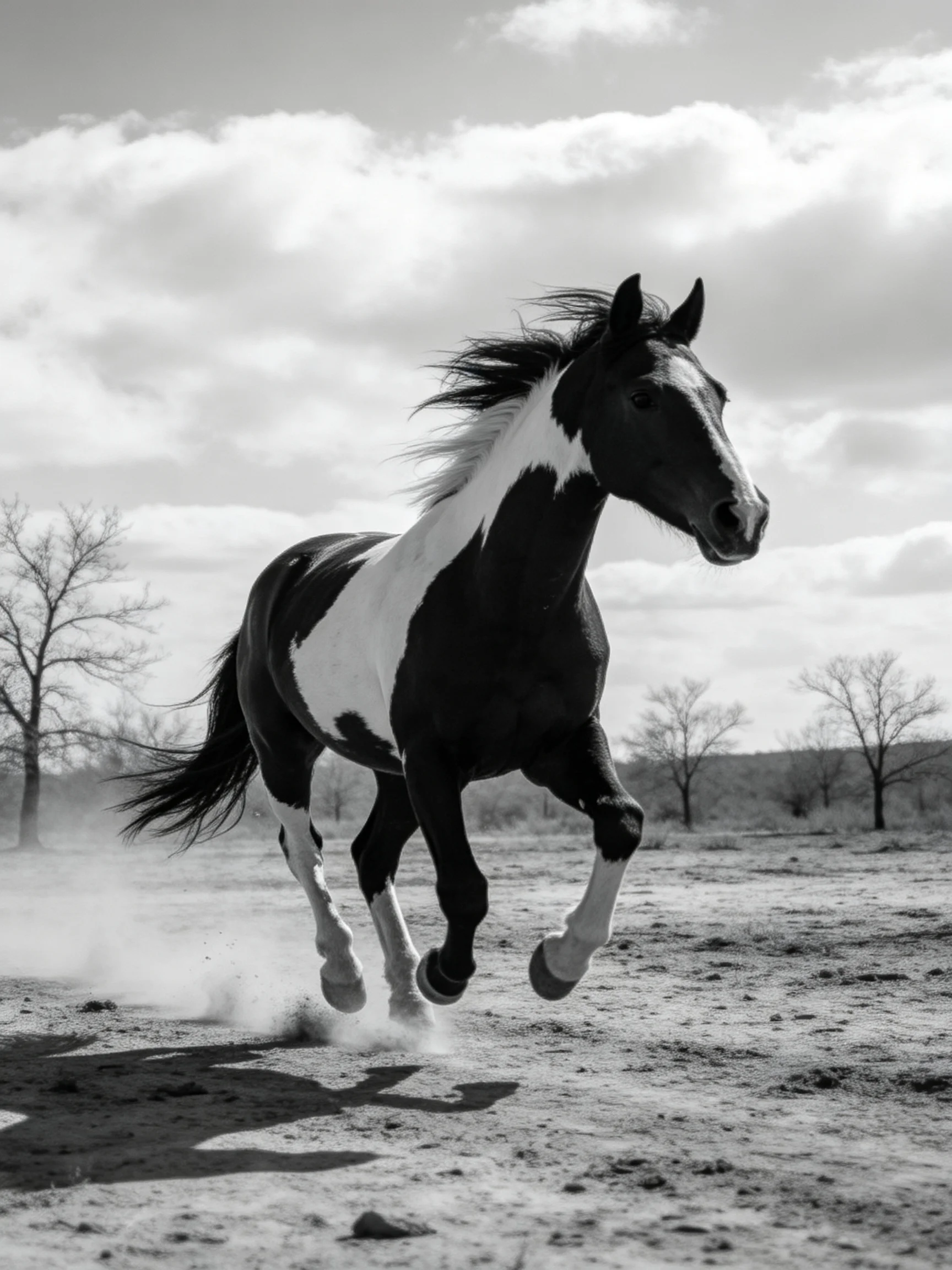 A pinto horse galloping across a dusty open field
