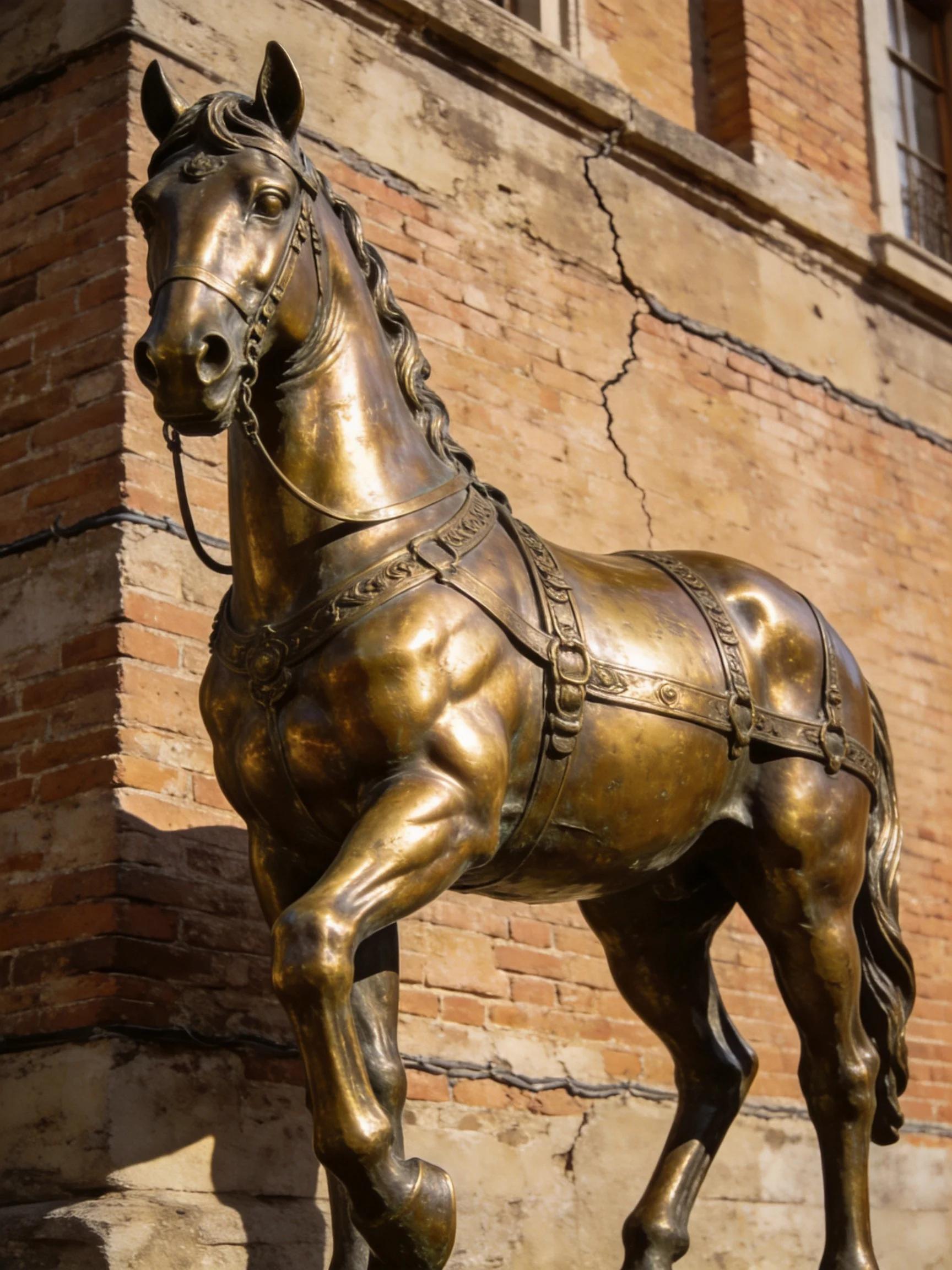 A polished bronze horse statue beside an aged brick building