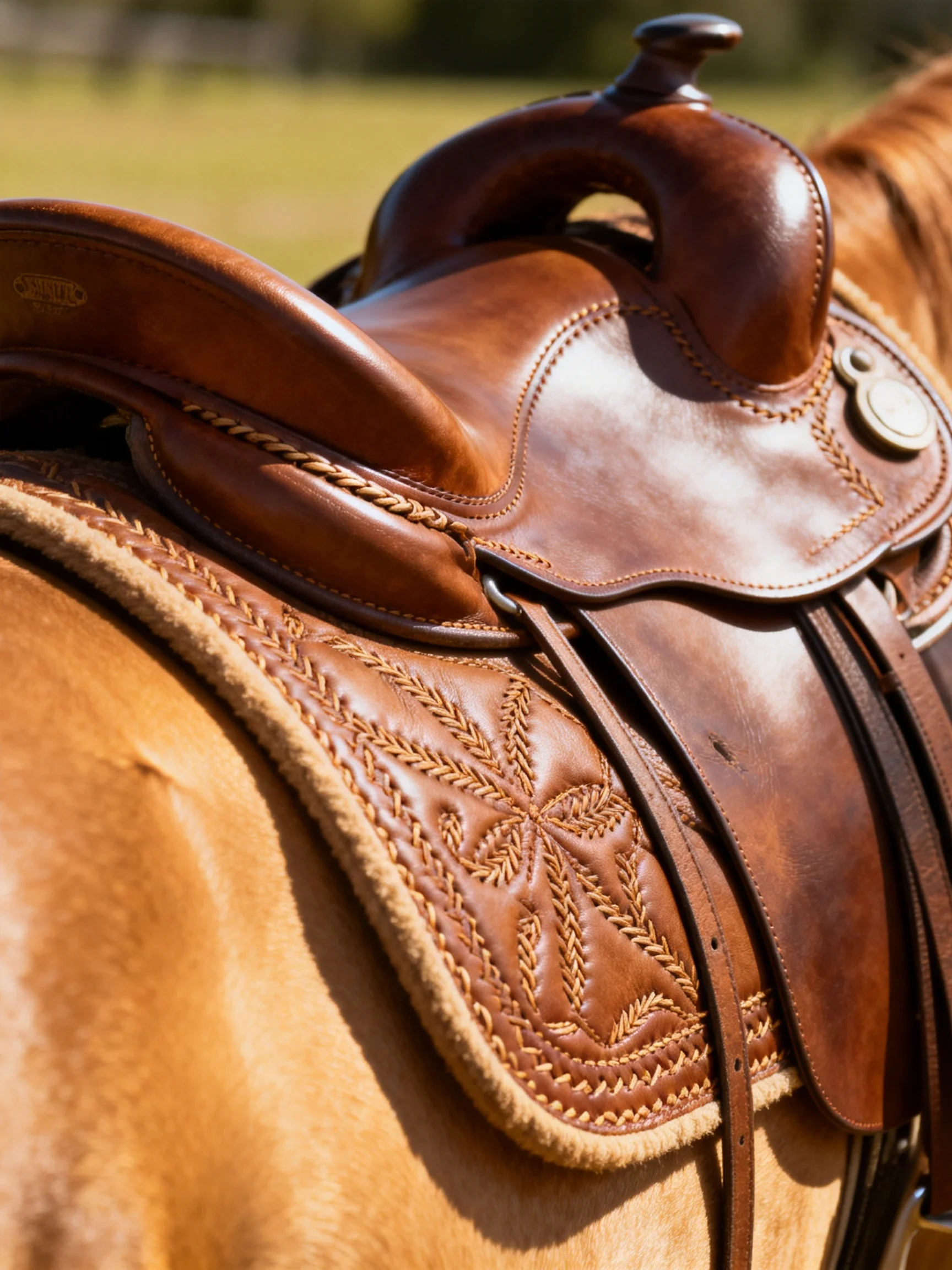 A polished brown leather saddle with decorative stitching on a horse