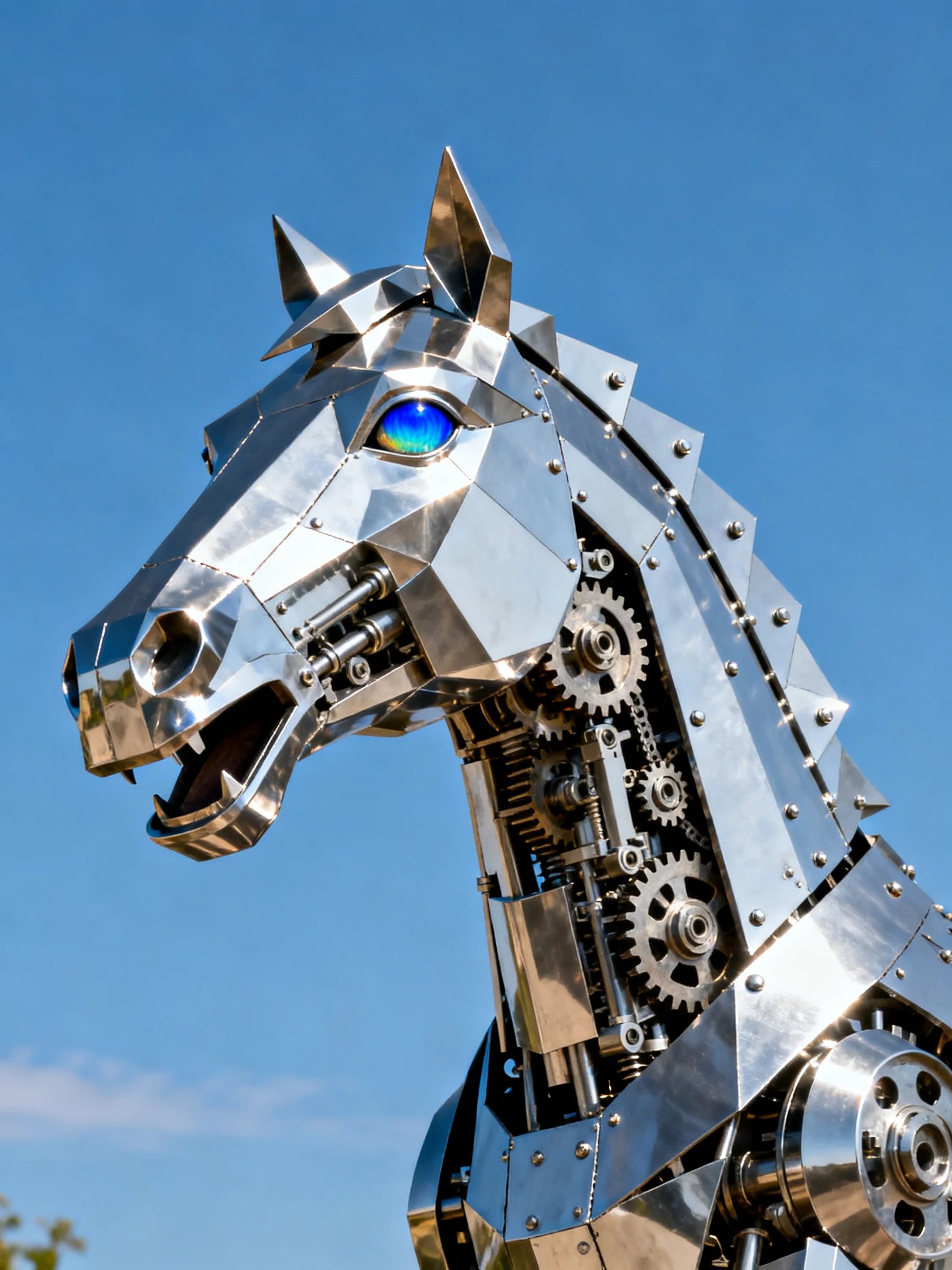 A polished metallic horse sculpture with mechanical gears and blue eye