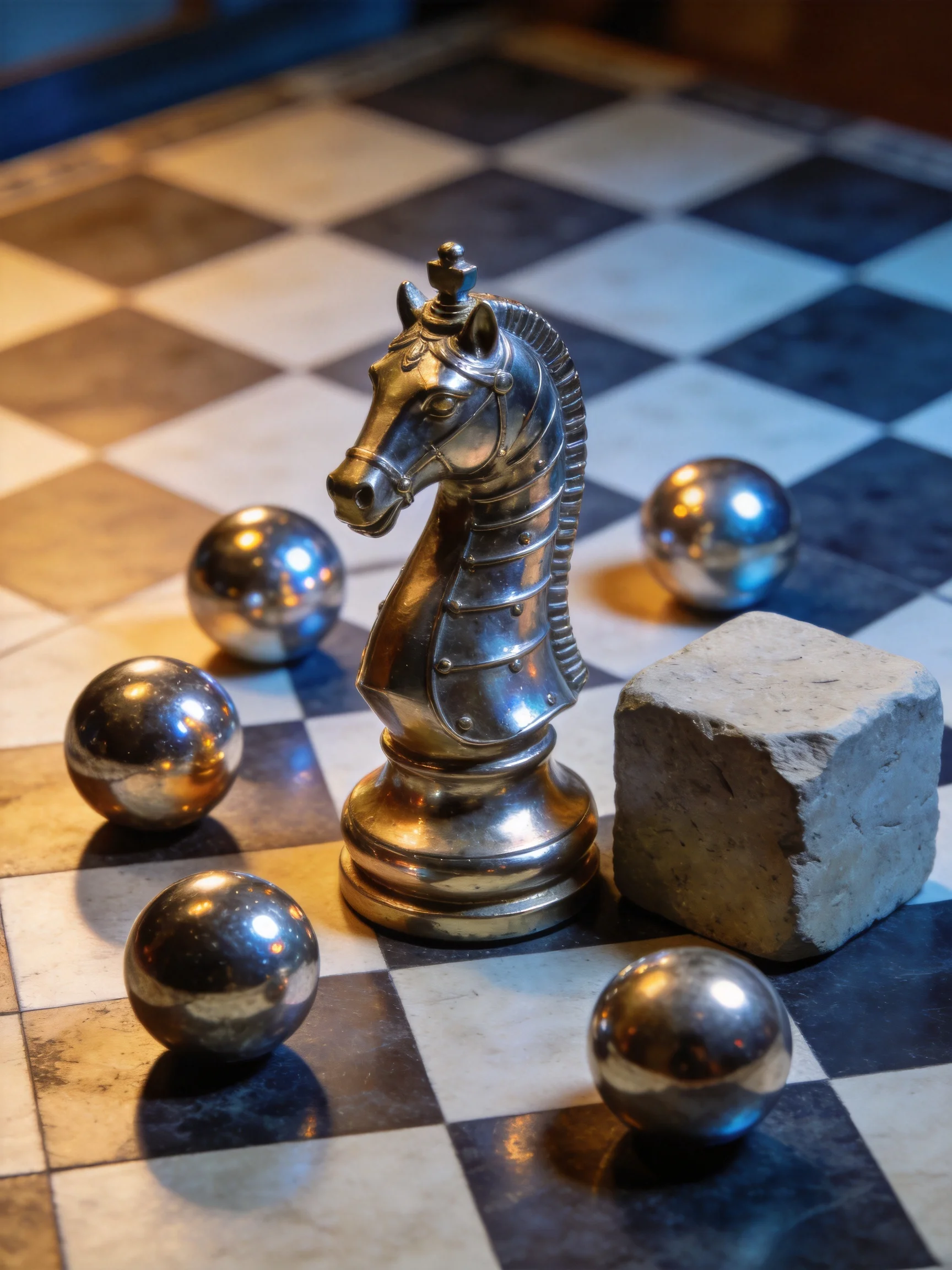 A polished silver chess knight with metallic spheres and a stone block on a checkered board