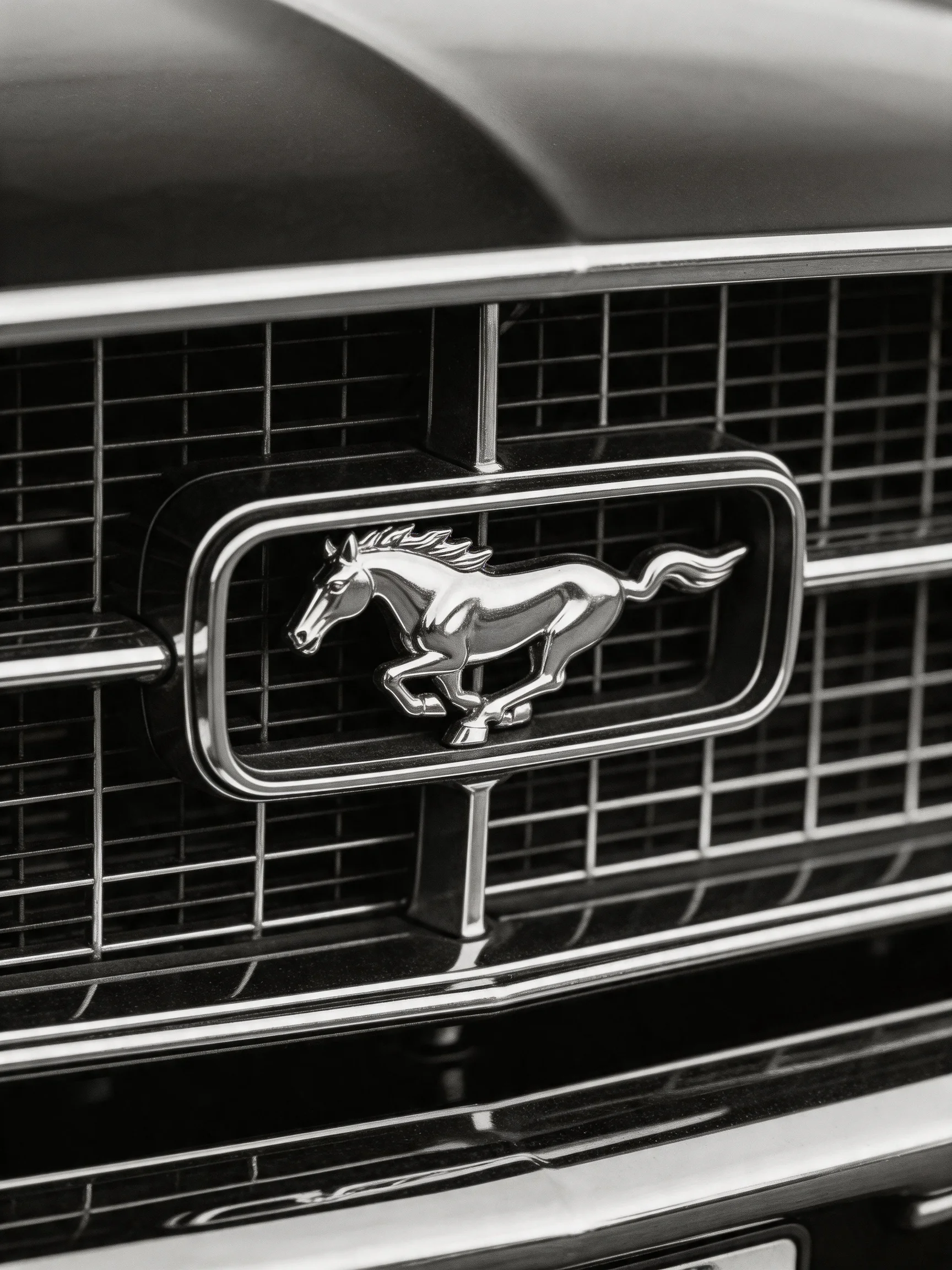 A polished silver horse emblem on a vintage cars front grille