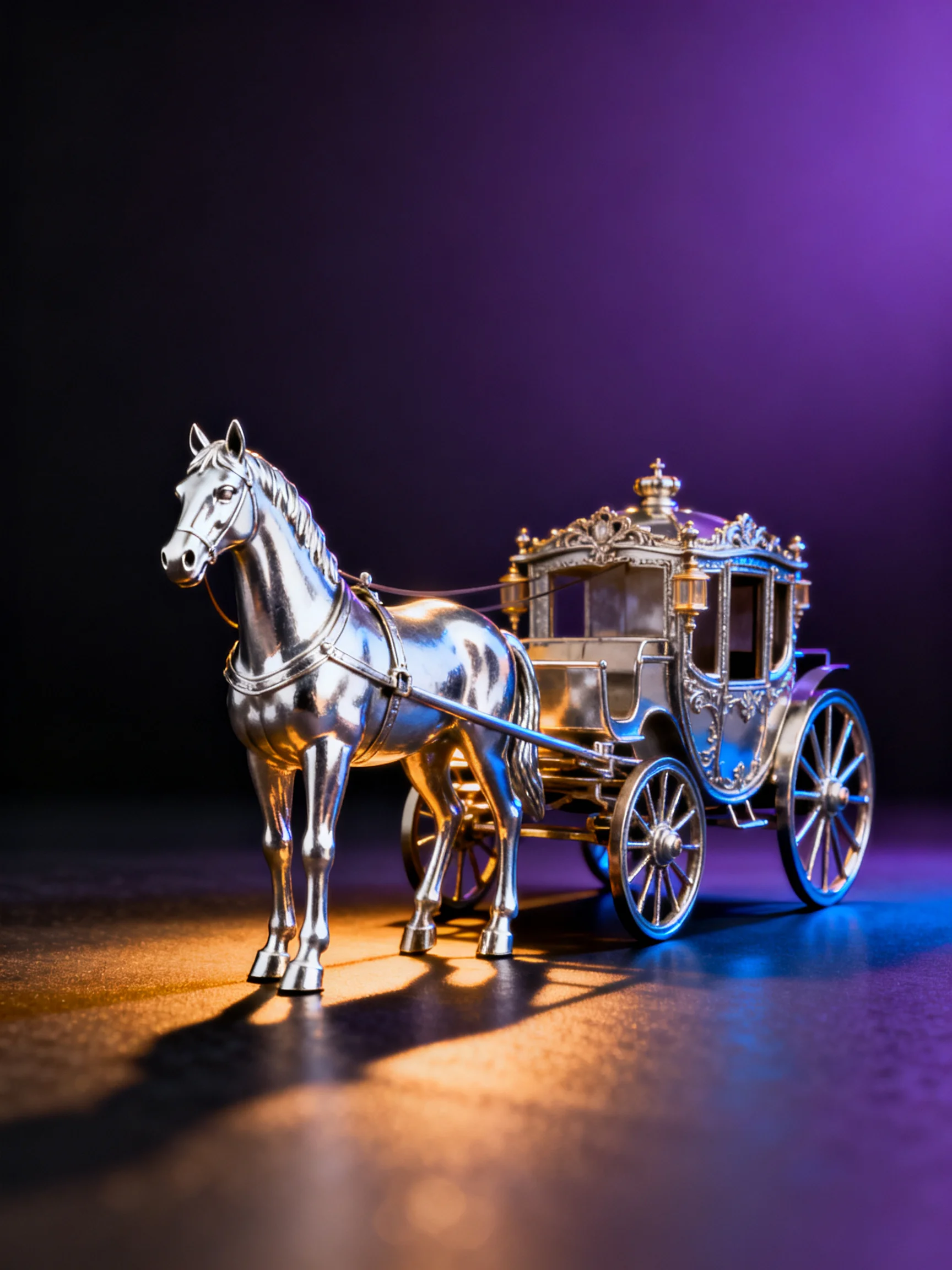 A polished silver horse pulling an ornate carriage with purple-blue lighting
