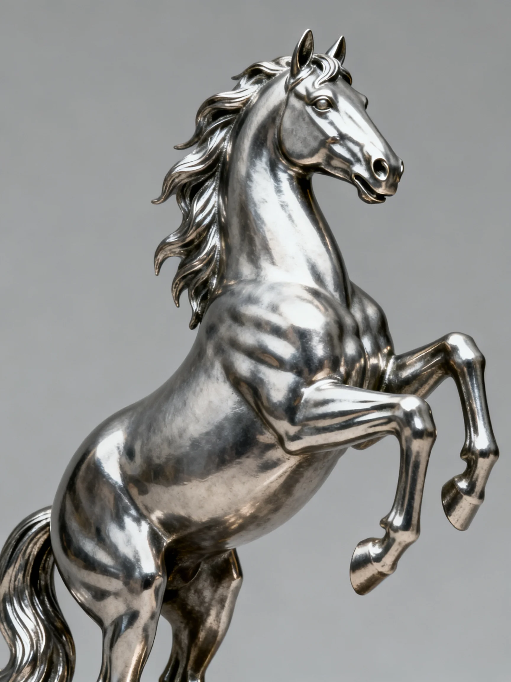 A polished silver rearing horse sculpture with dynamic posture