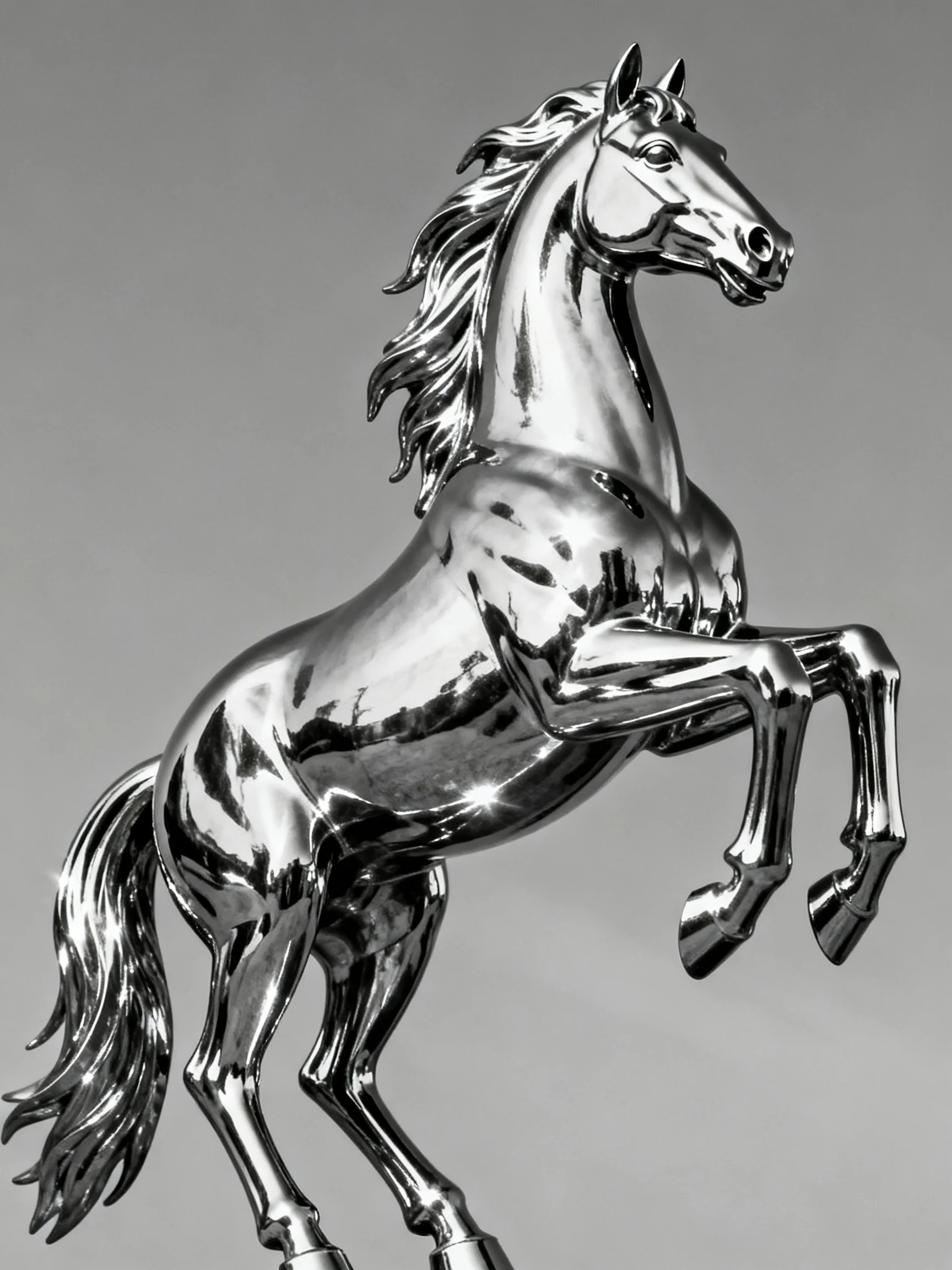 A polished silver rearing horse sculpture with dynamic posture