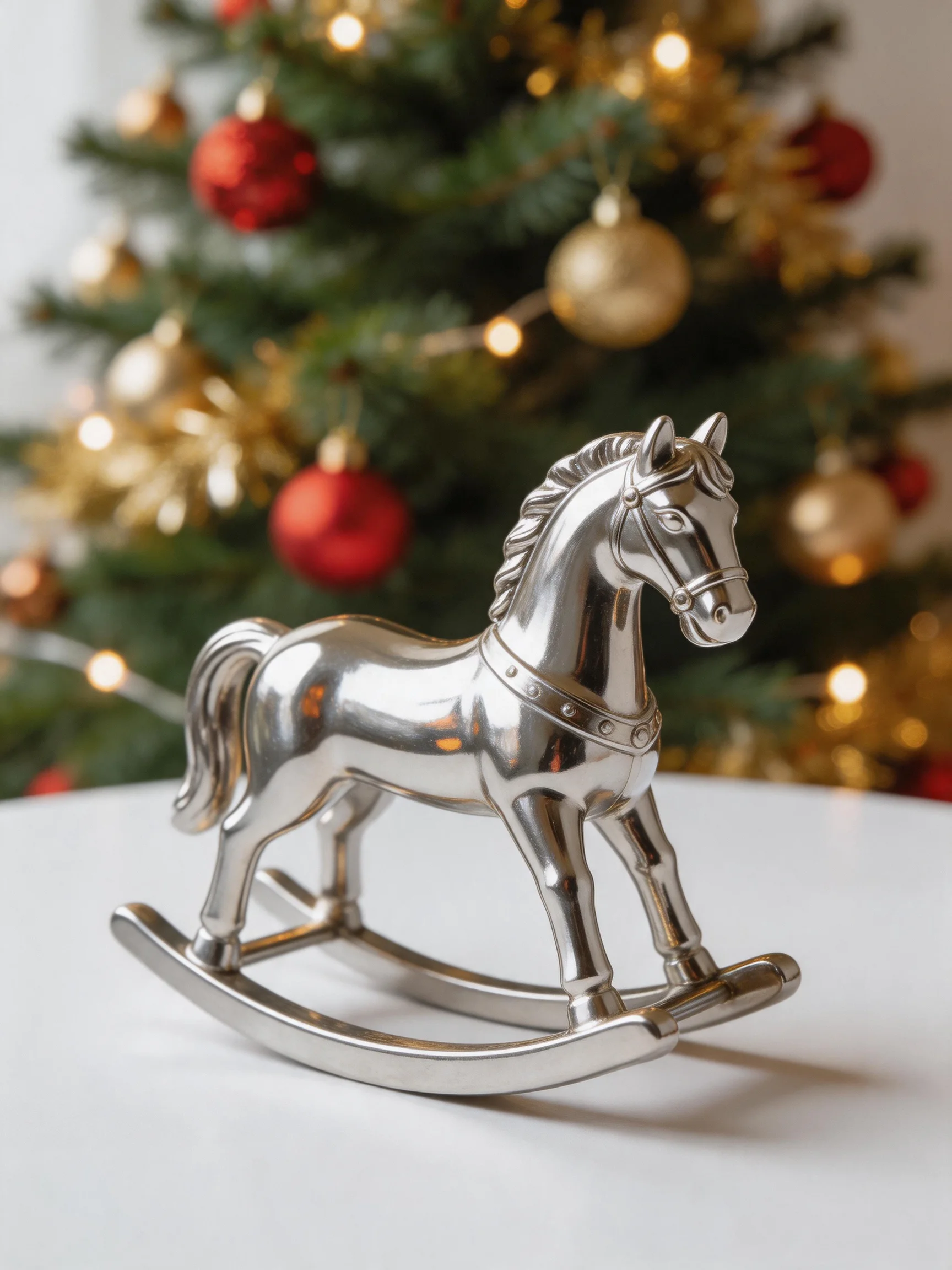 A polished silver rocking horse near a festively decorated Christmas tree