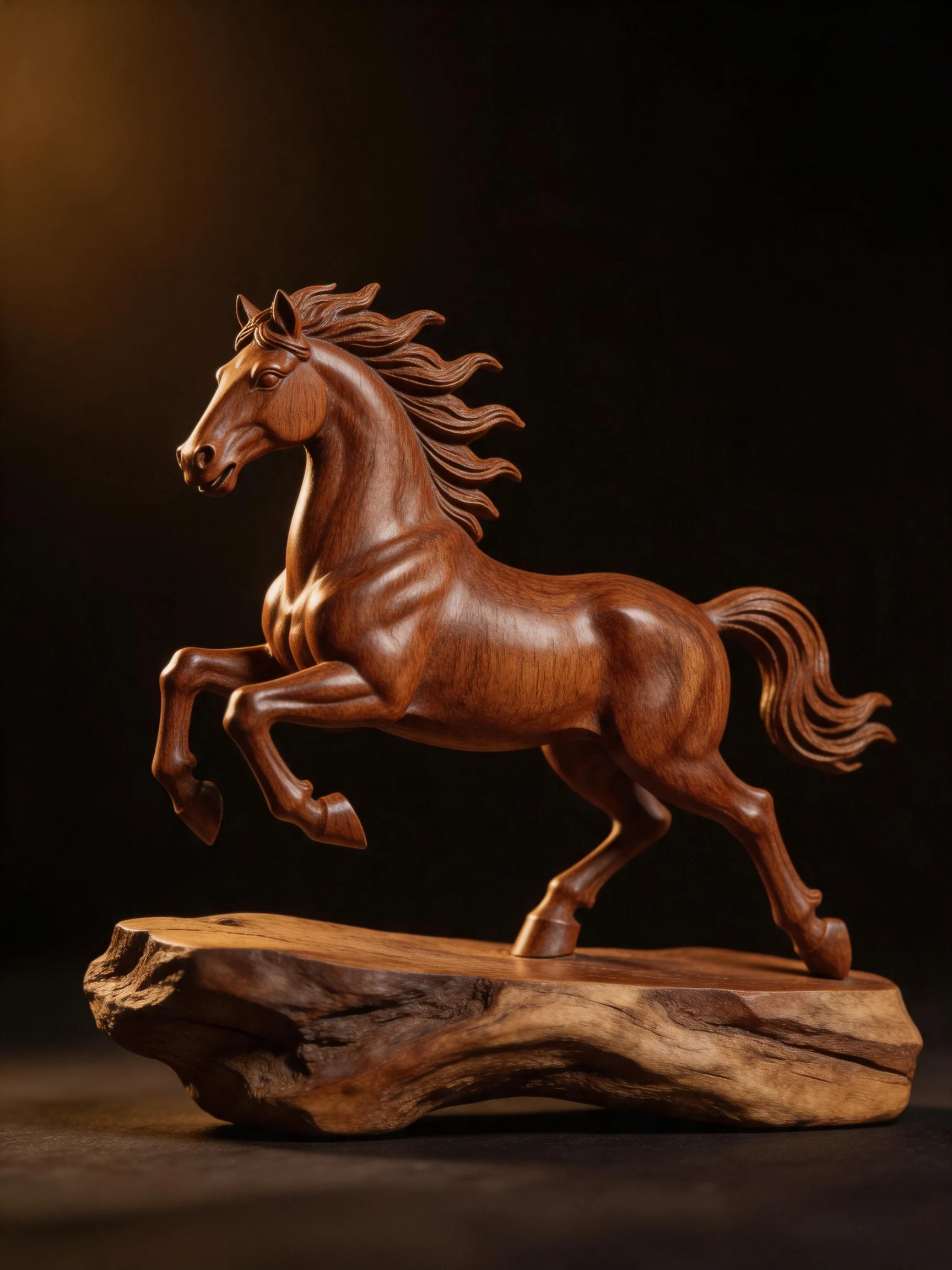 A polished wooden horse sculpture mounted on a rustic wood base