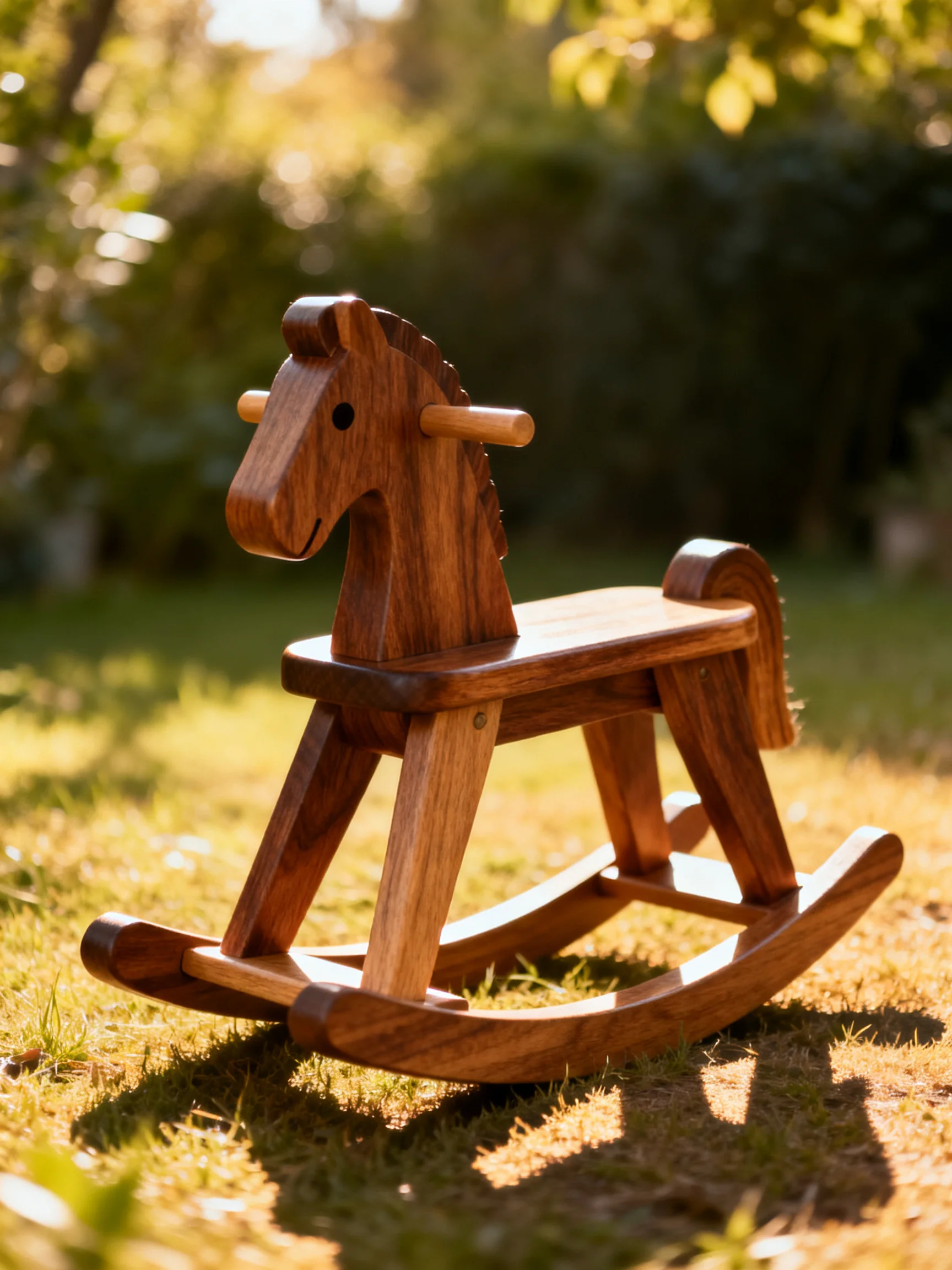 A polished wooden rocking horse sits on sunlit grass