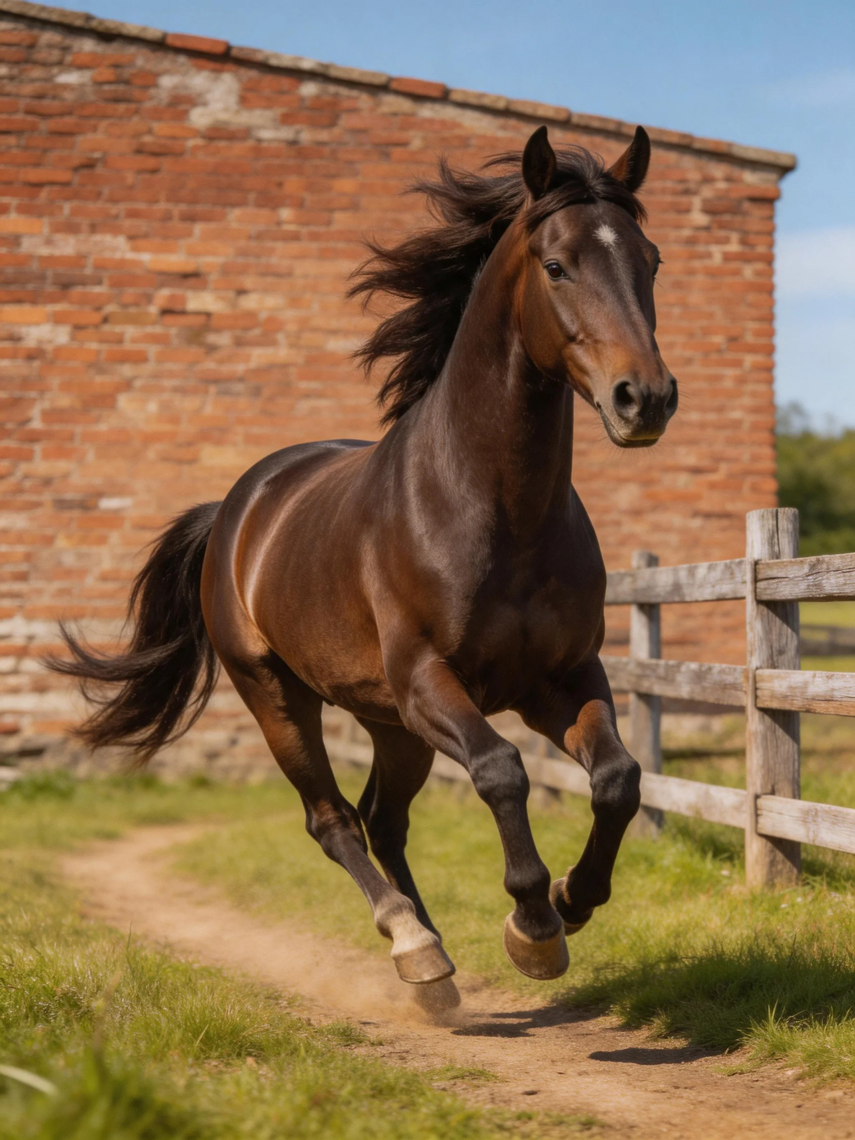 A powerful bay horse galloping past an old red-brick structure