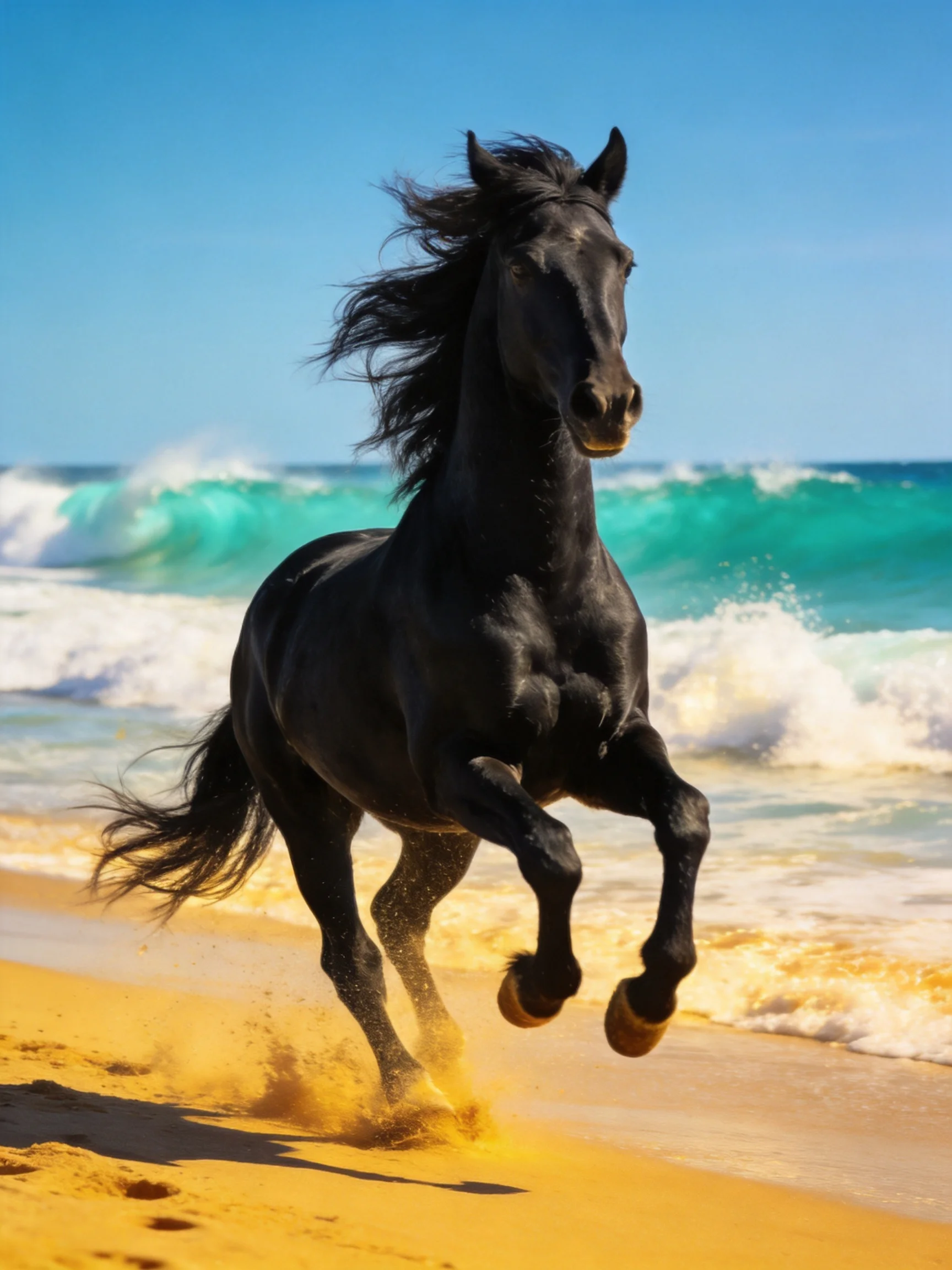 A powerful black horse galloping along golden sandy shore