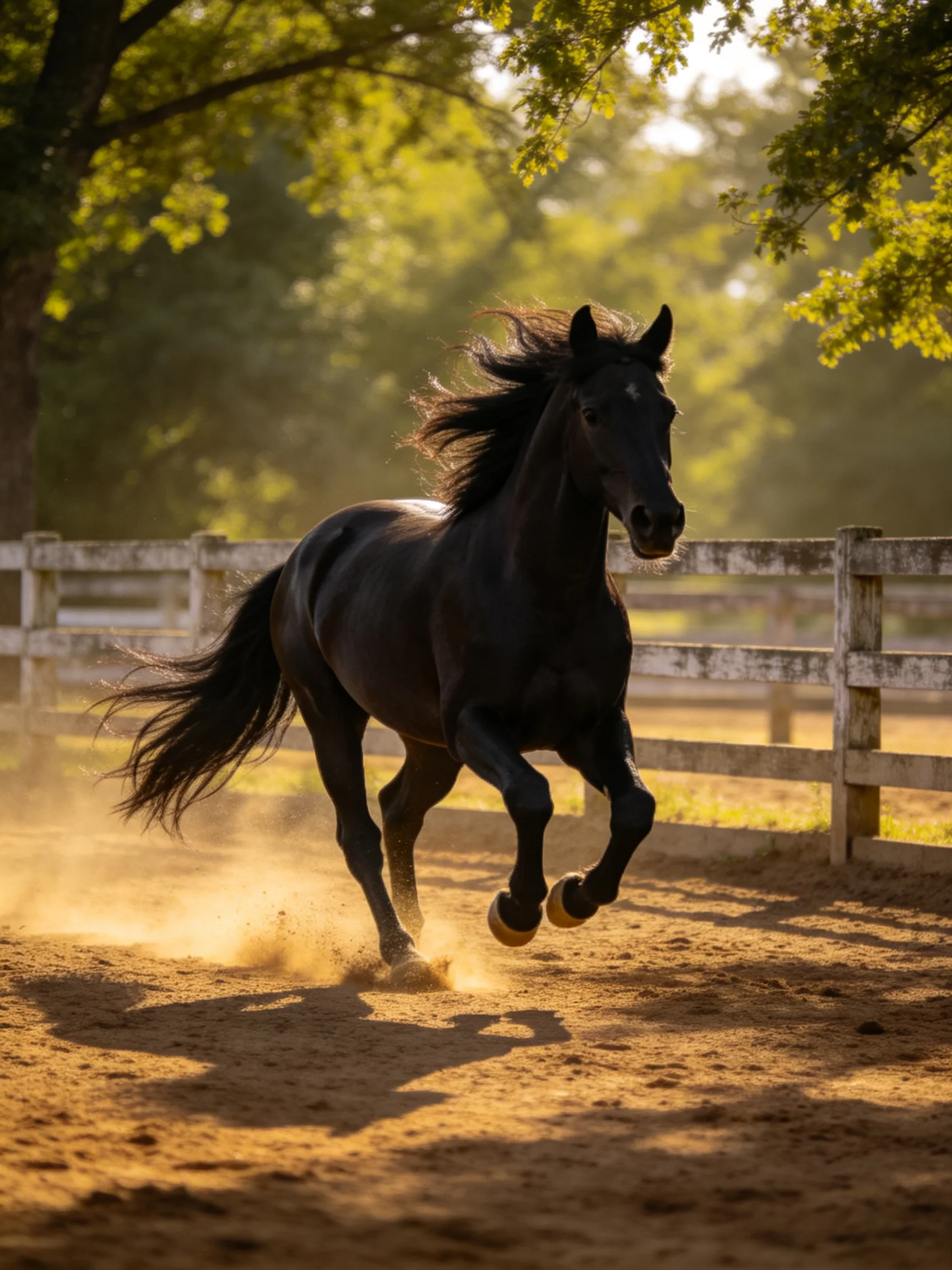 A powerful black horse galloping in a sunlit fenced area