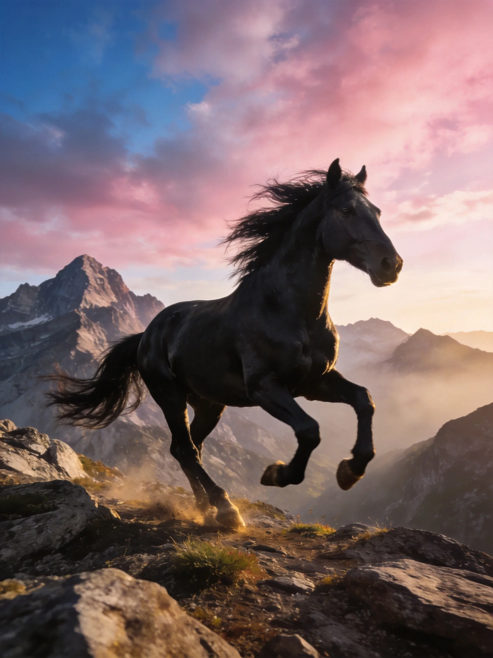 A powerful black horse galloping on rocky mountain terrain at sunset
