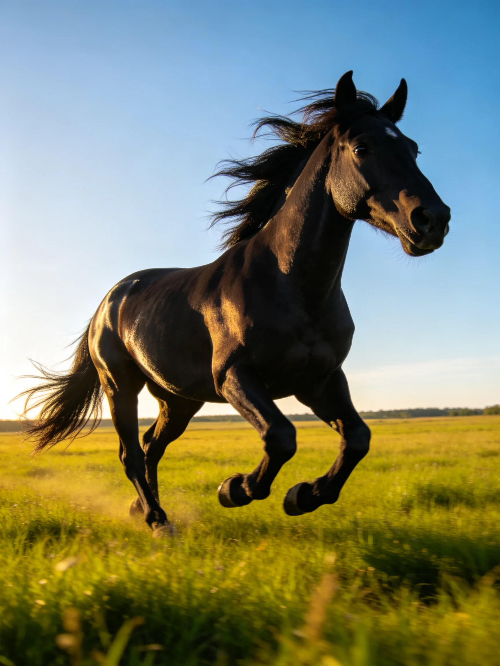 A powerful black horse galloping through a golden meadow under clear blue skies