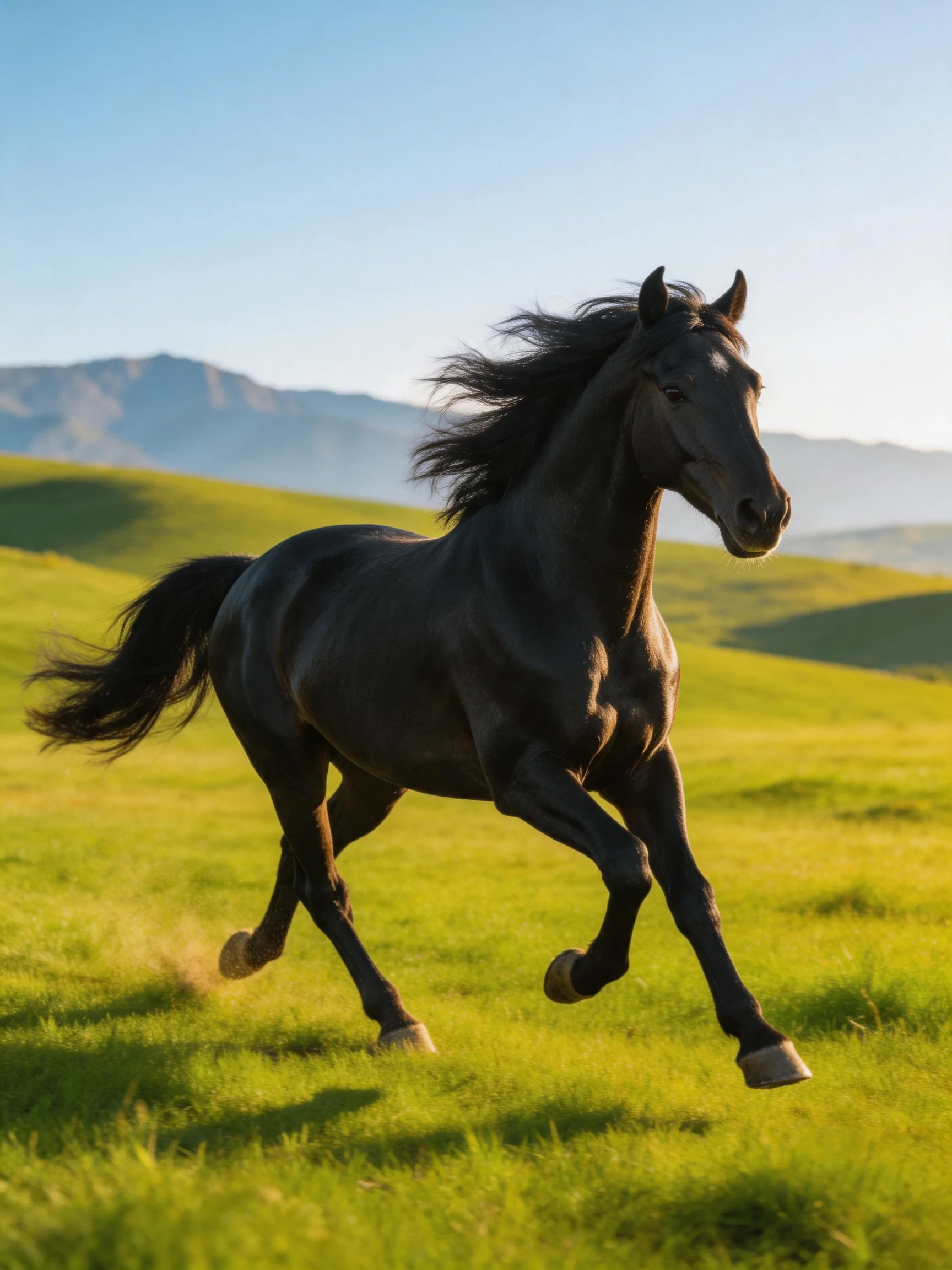 A powerful black horse galloping through a lush green meadow near distant mountains