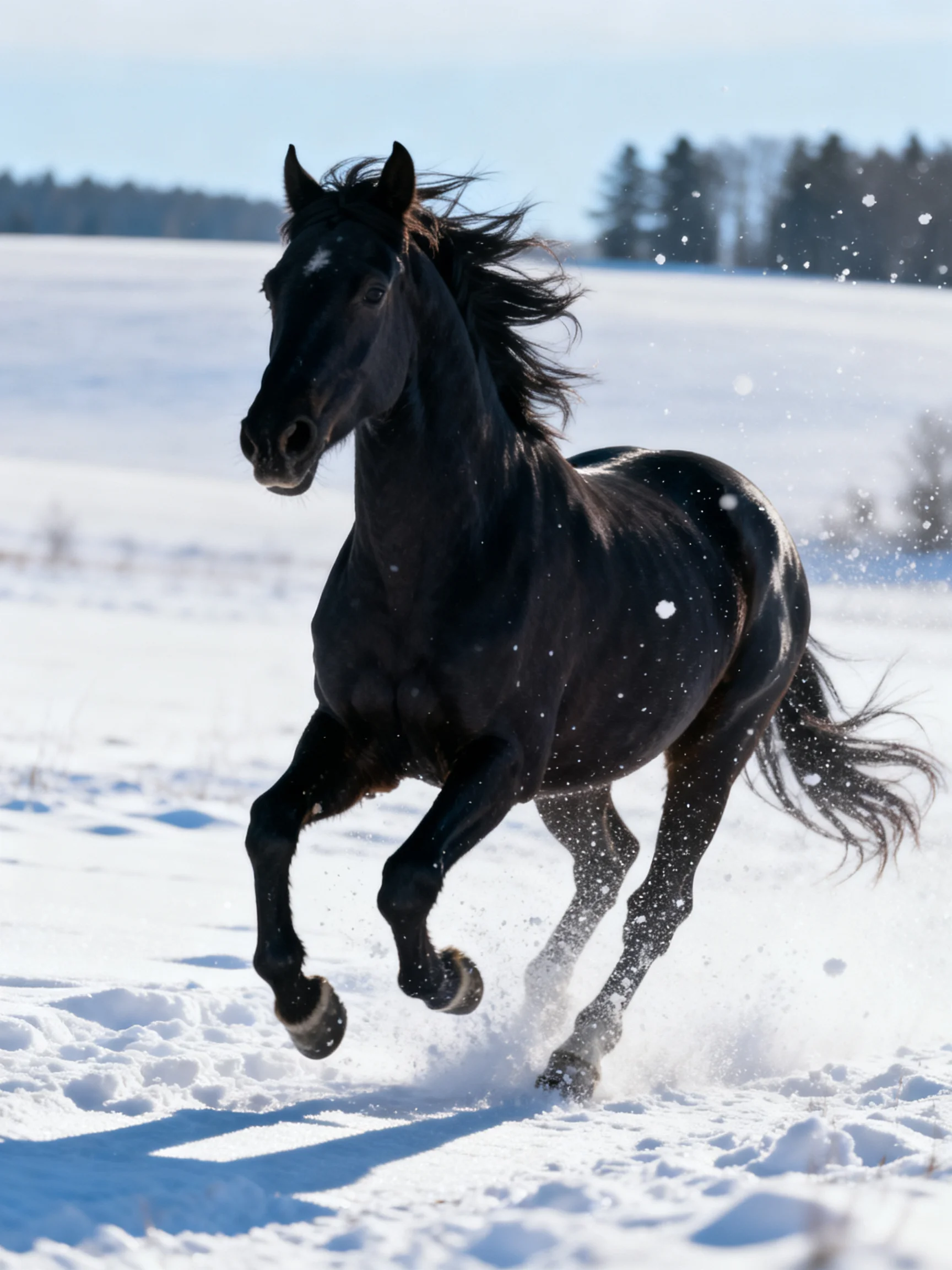 A powerful black horse galloping through a snowy landscape