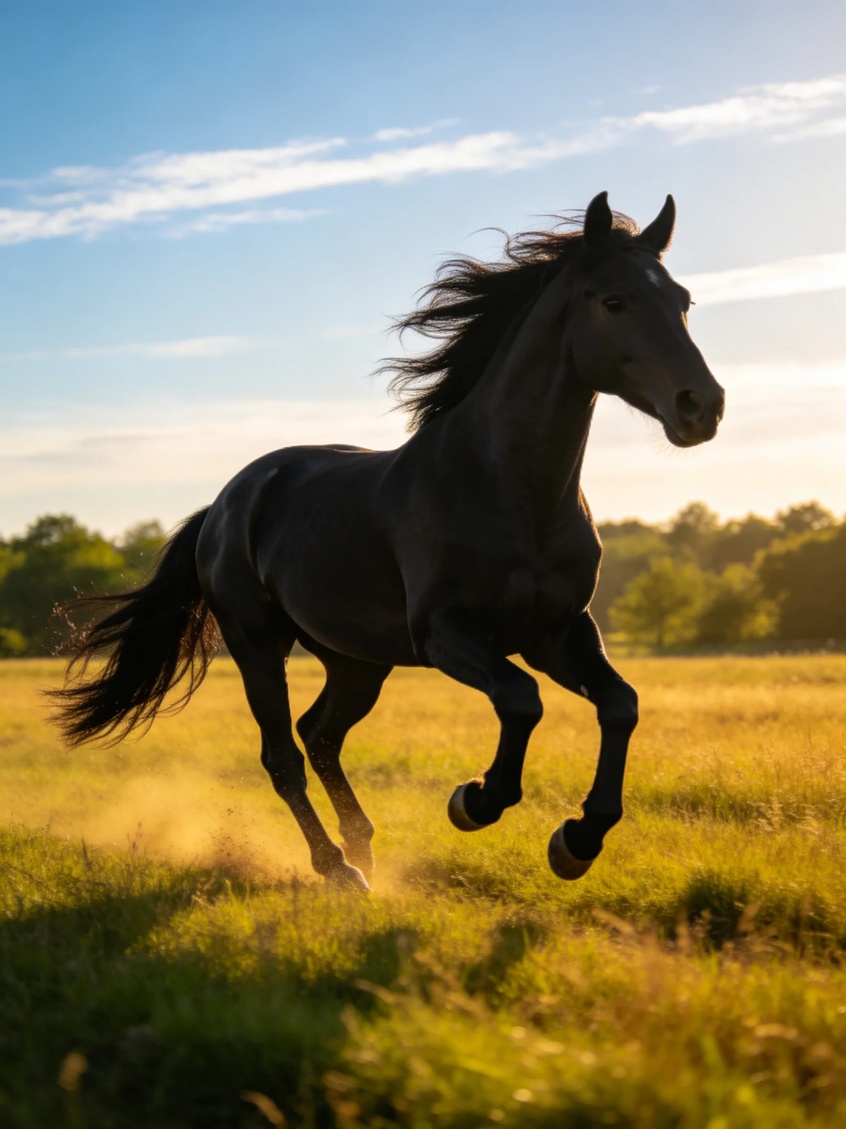A powerful black horse galloping through a sunlit meadow