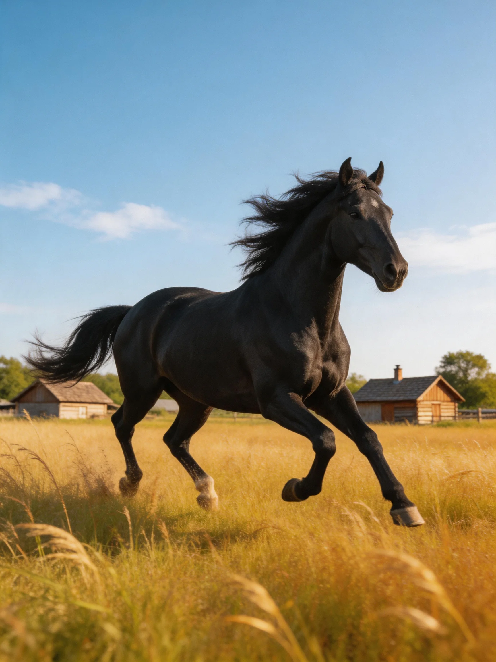 A powerful black horse galloping through golden grass near wooden cabins