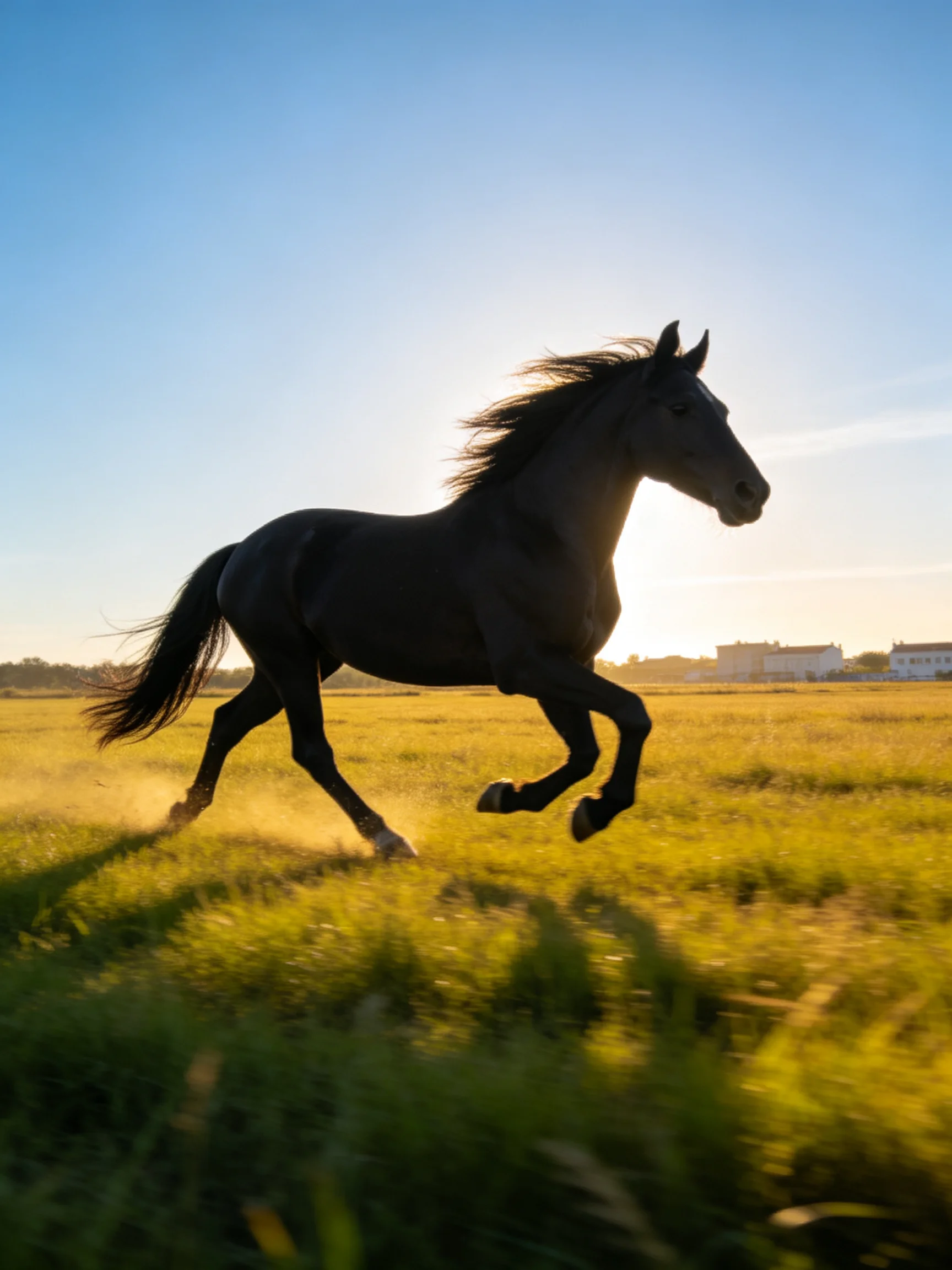 A powerful black horse galloping through sunlit grasslands