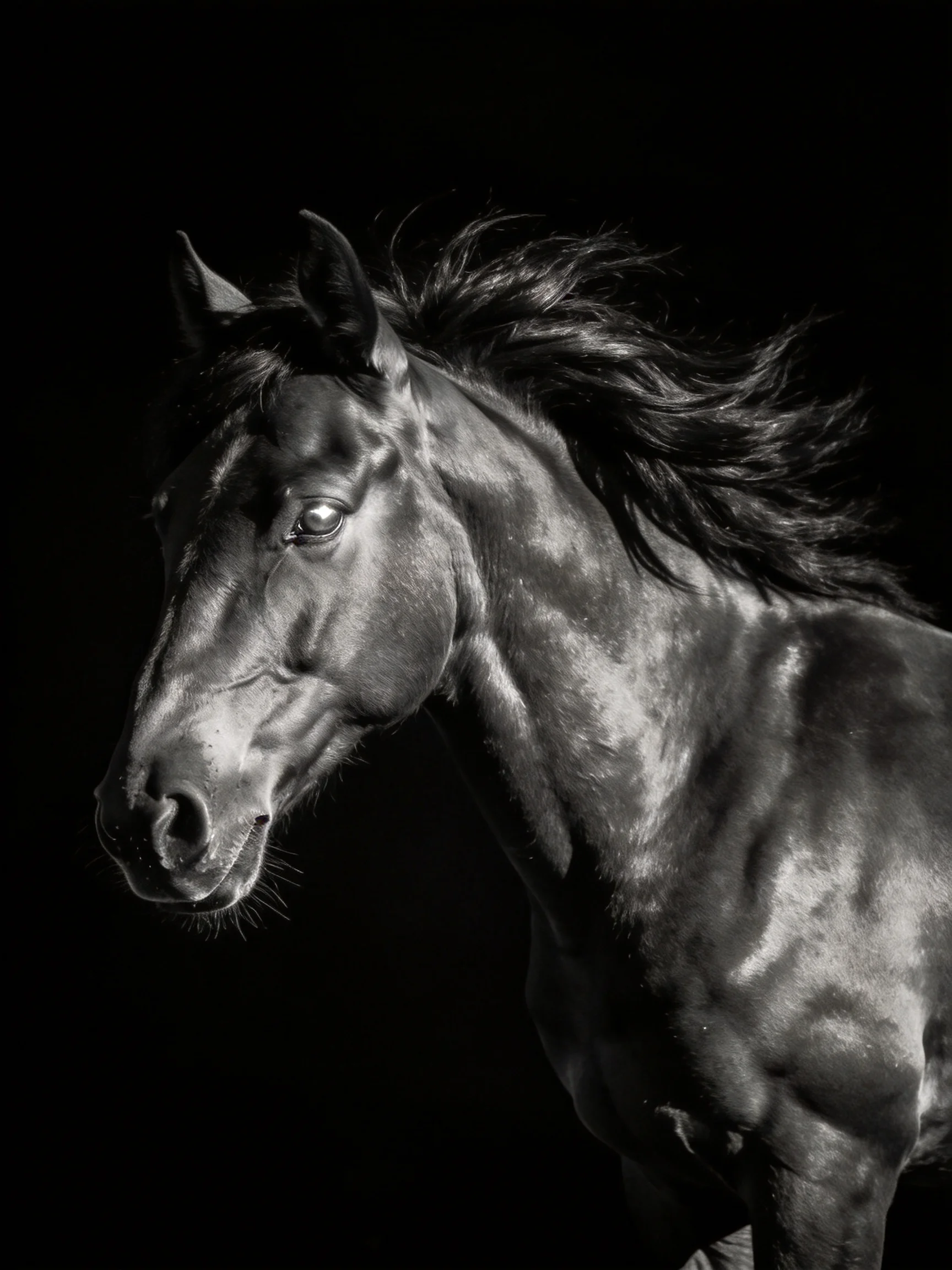 A powerful black horse with dramatic monochrome detail