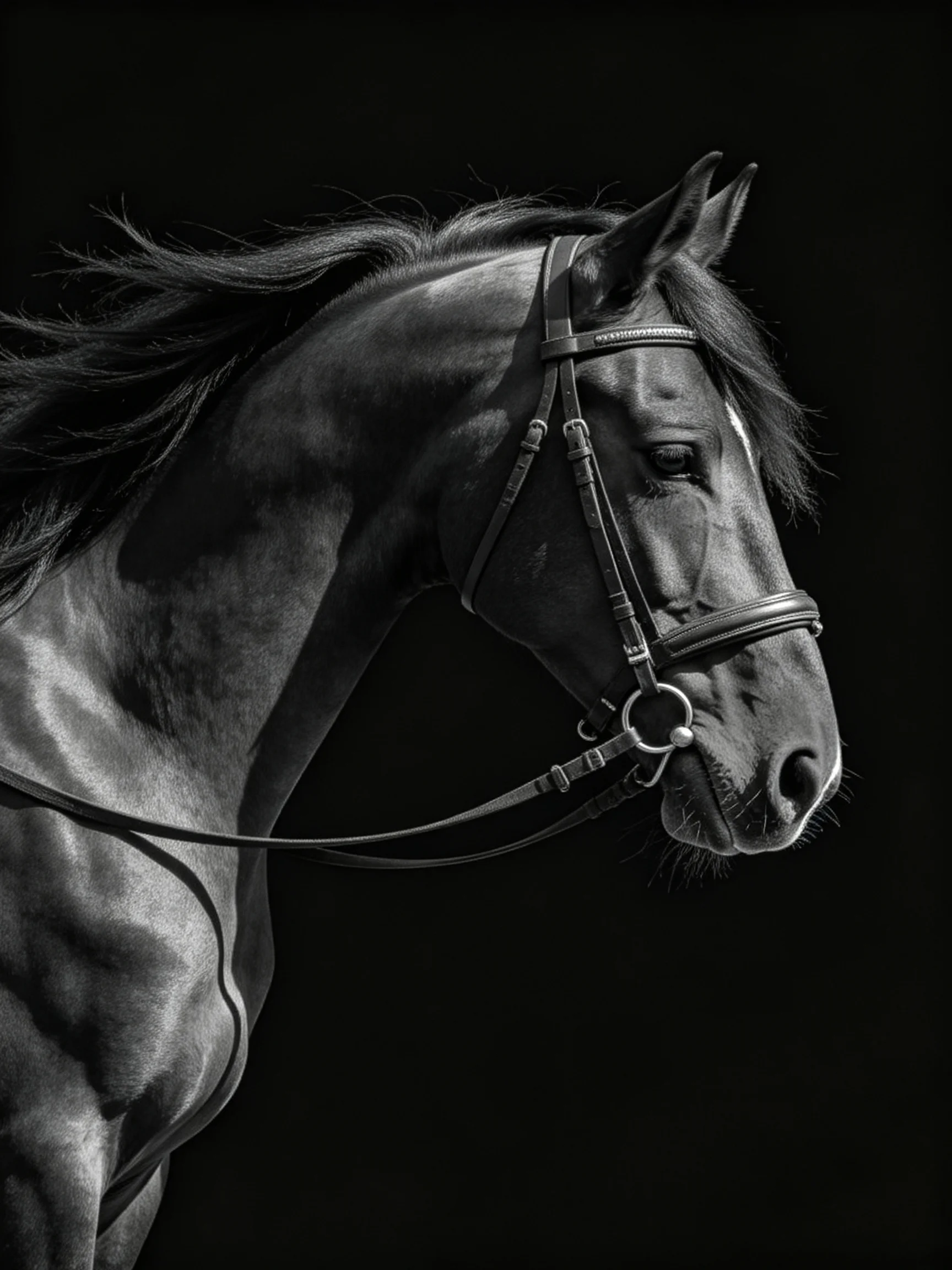 A powerful black horse with flowing mane and bridle against dark backdrop