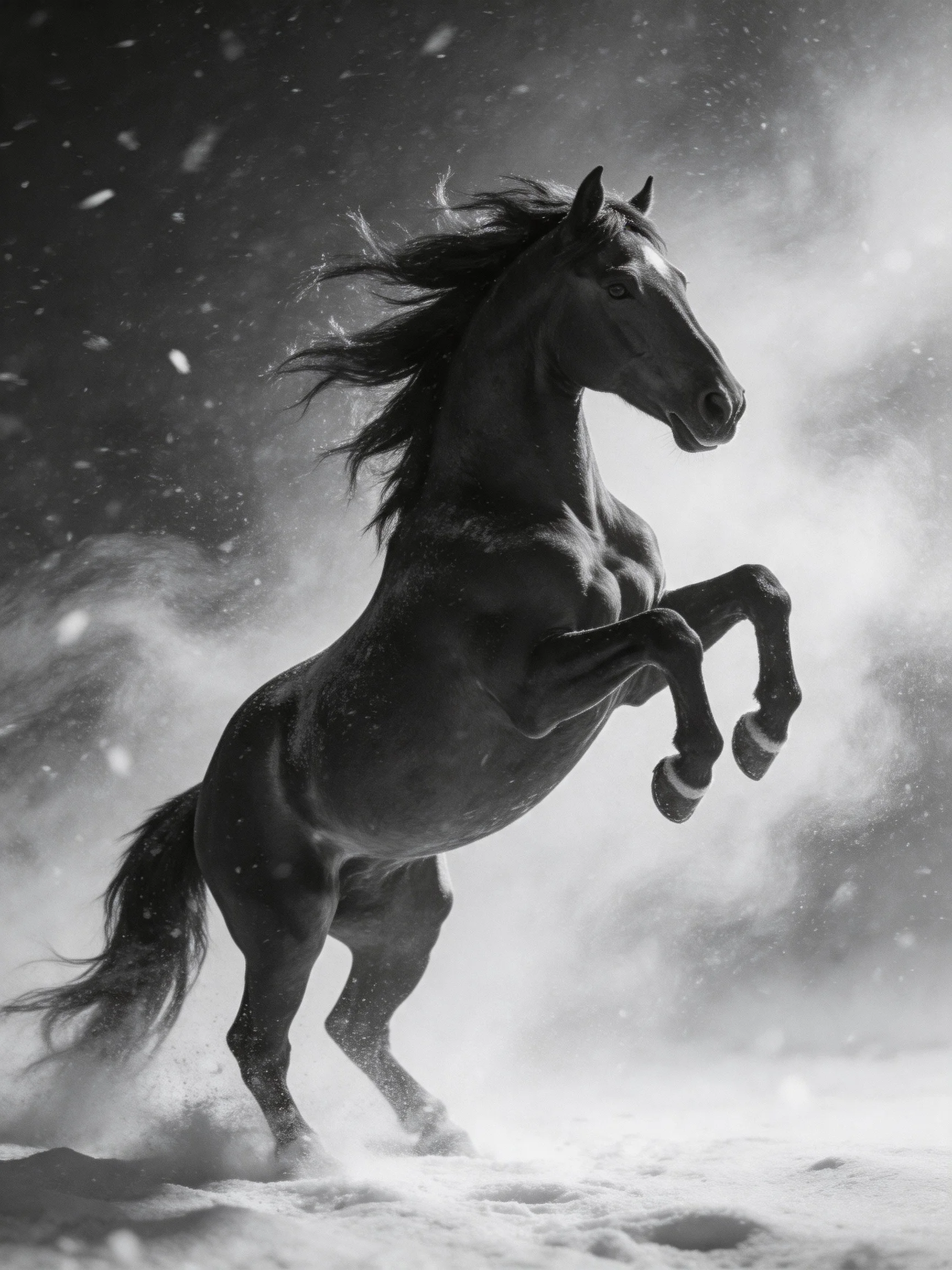 A powerful black stallion rears amid swirling winter snow