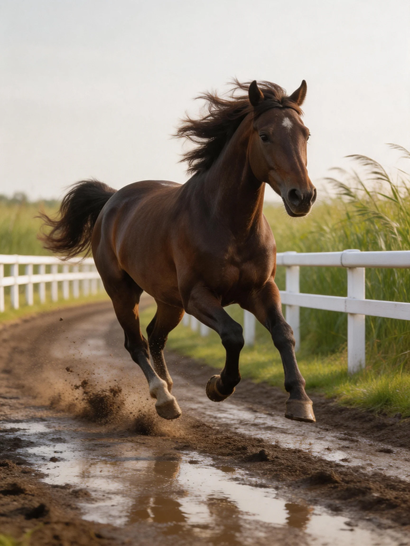 A powerful brown horse galloping along a muddy path