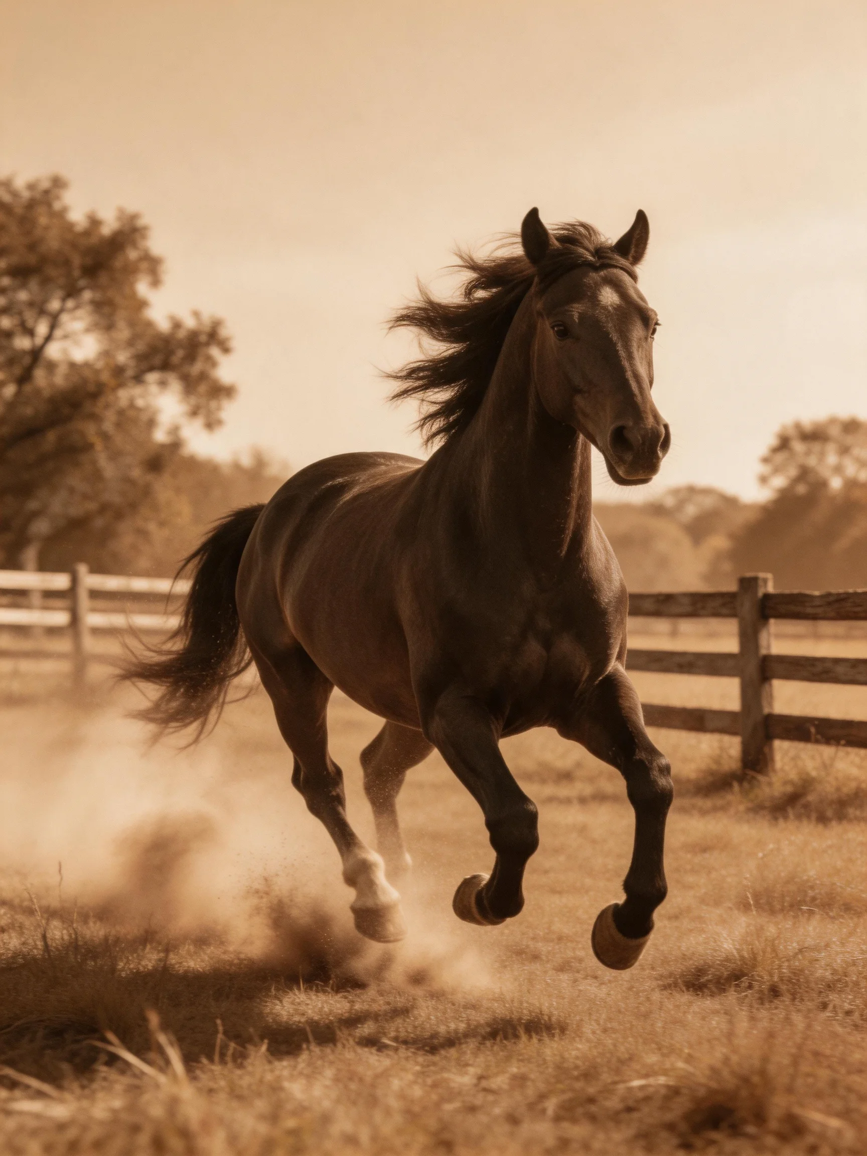 A powerful brown horse galloping through a dusty farm enclosure