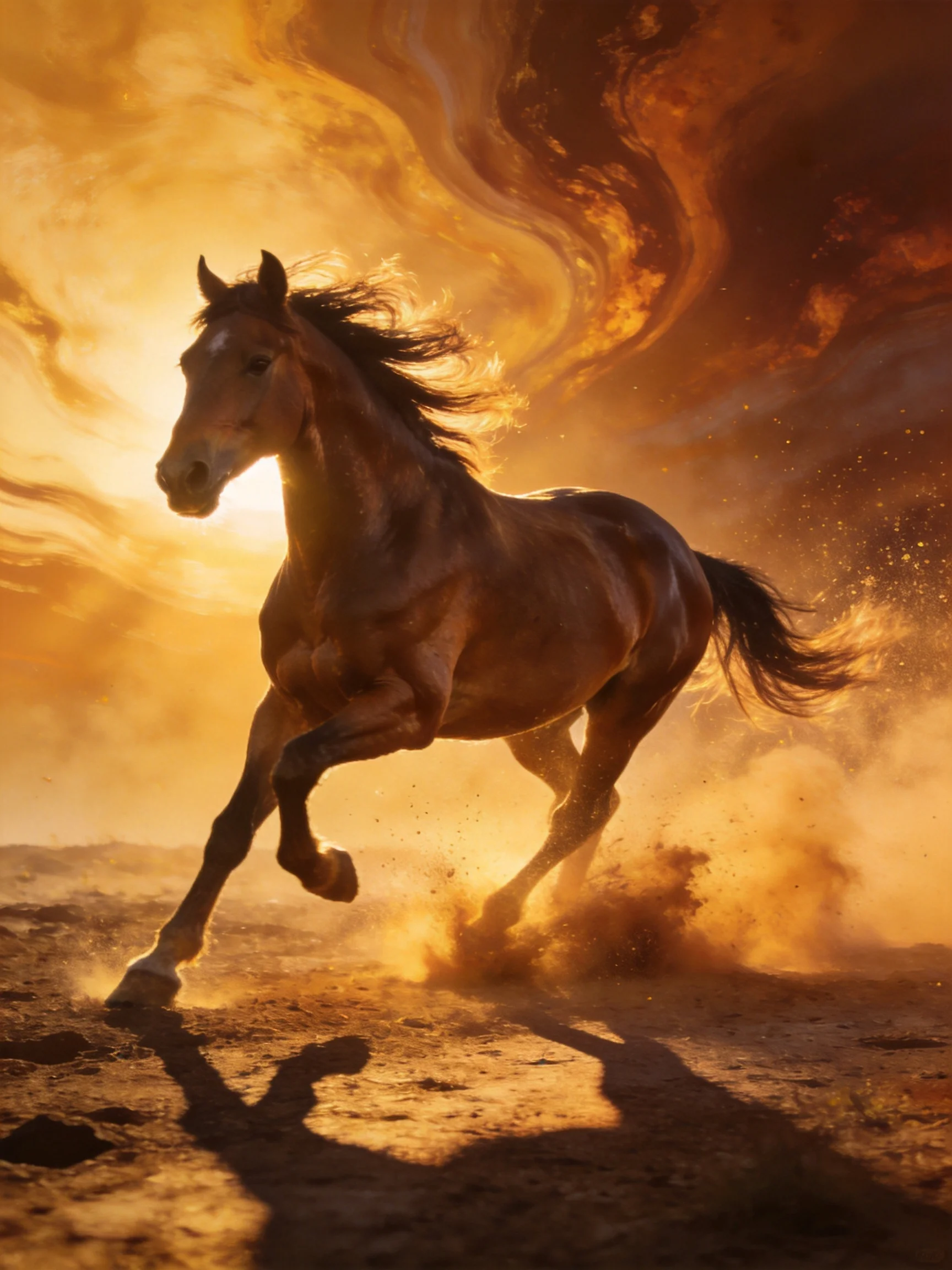 A powerful brown horse galloping through golden dust under swirling sunset skies