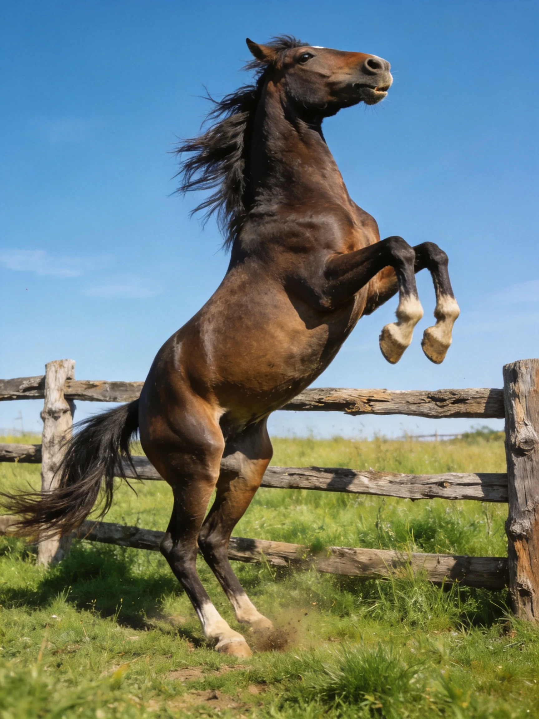 A powerful brown horse rears near an aged wooden fence