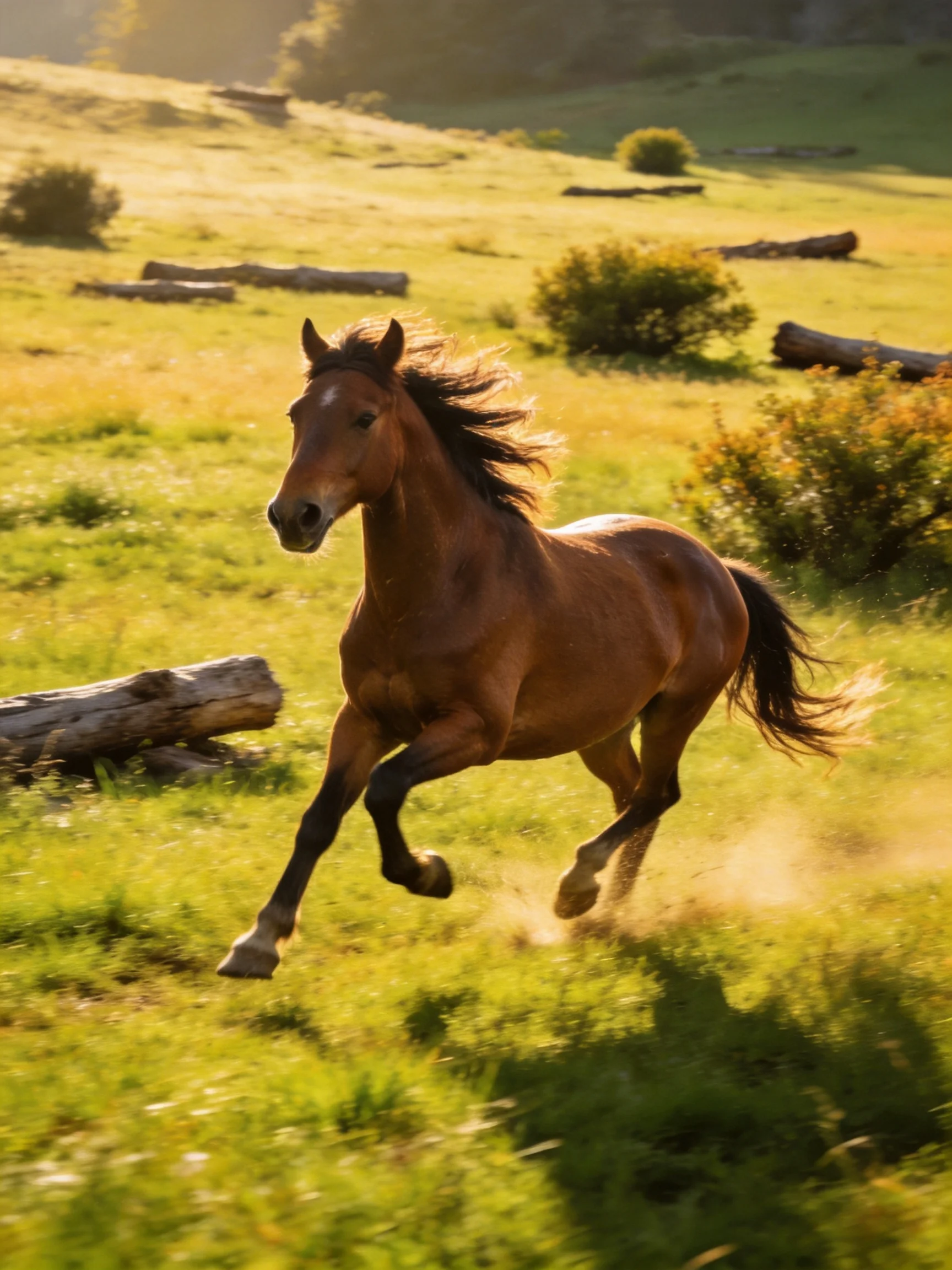 A powerful chestnut horse galloping through a sunlit meadow