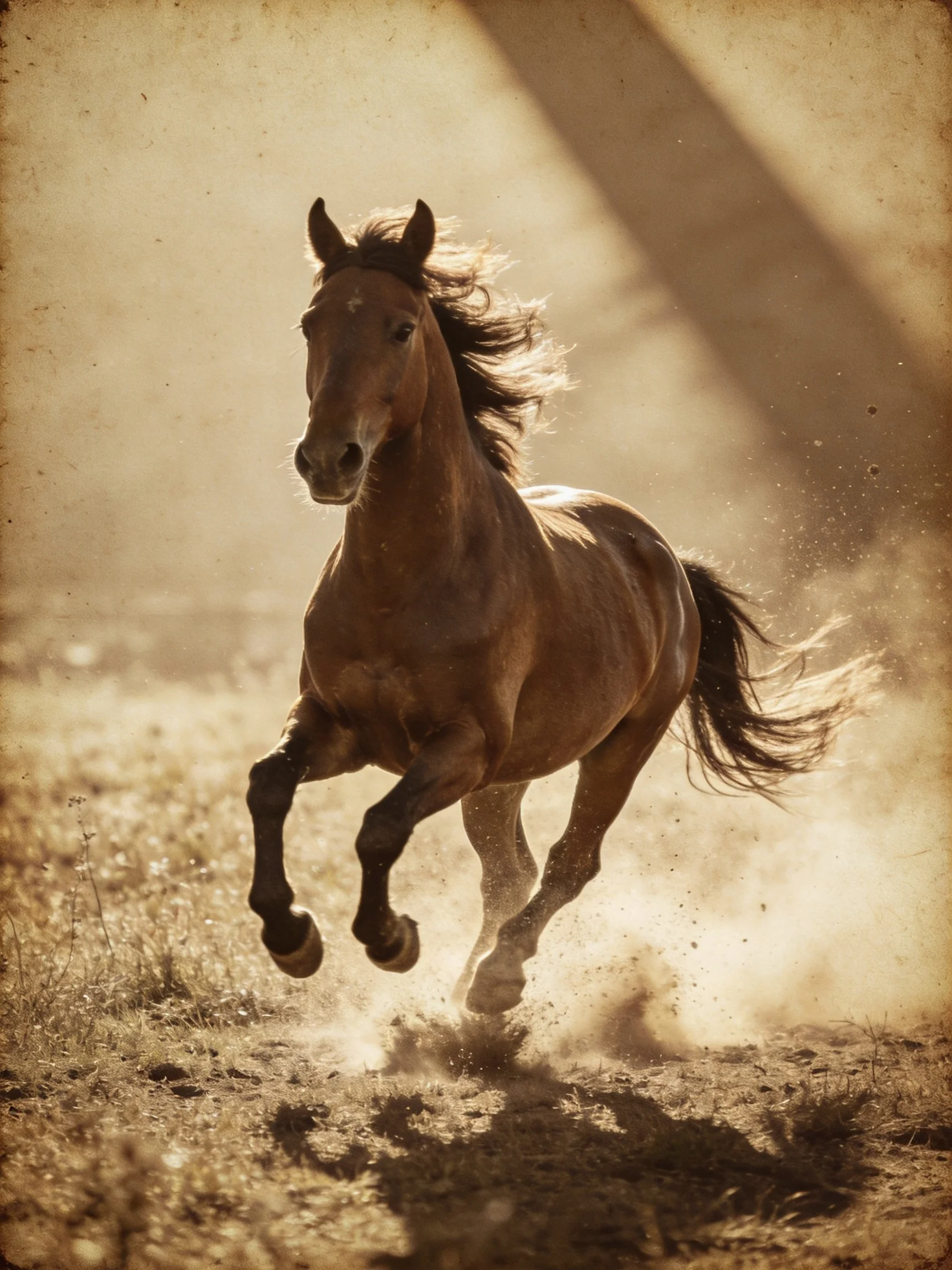 A powerful chestnut horse galloping through dusty terrain