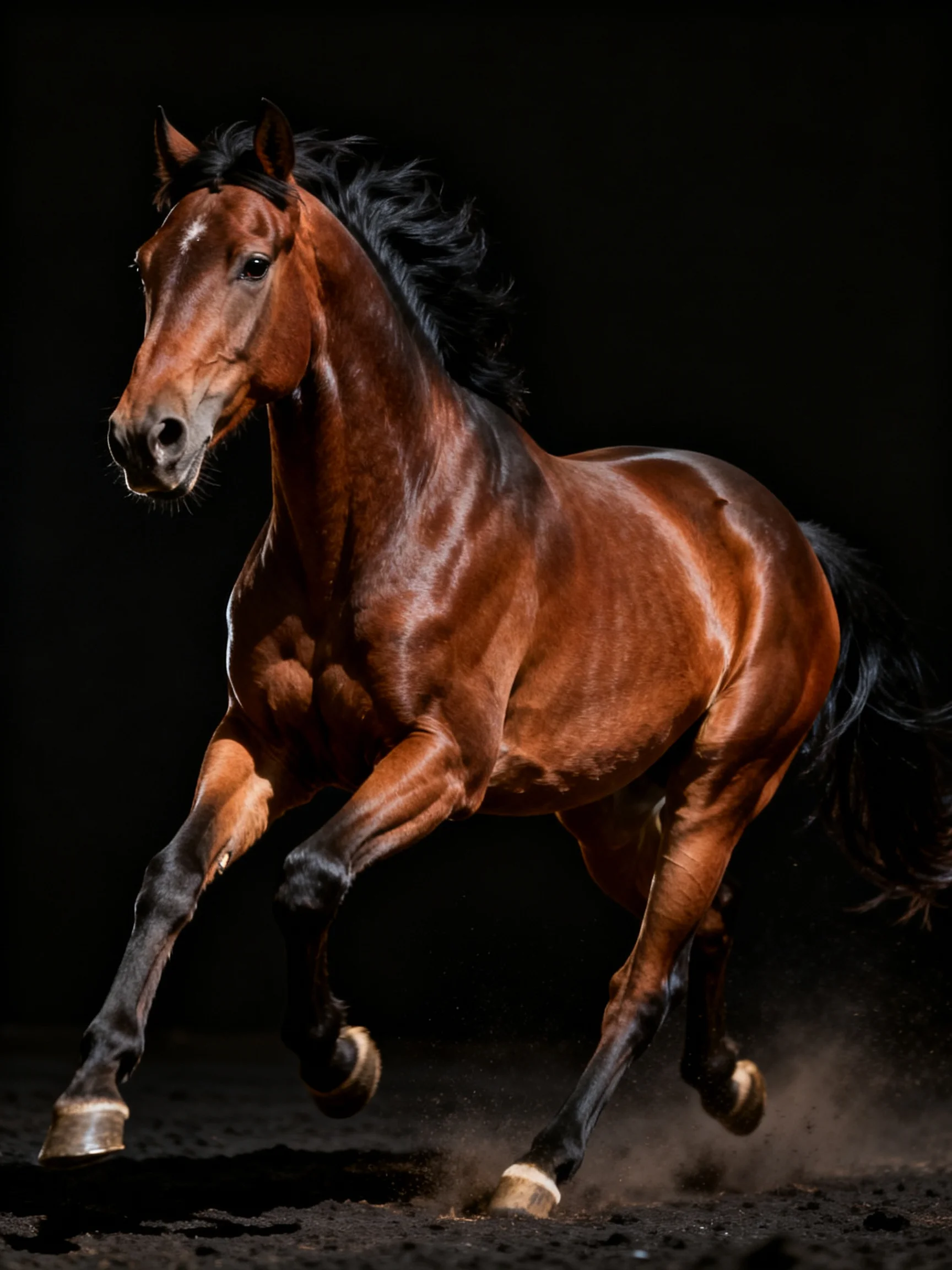 A powerful chestnut horse galloping with a flowing black mane