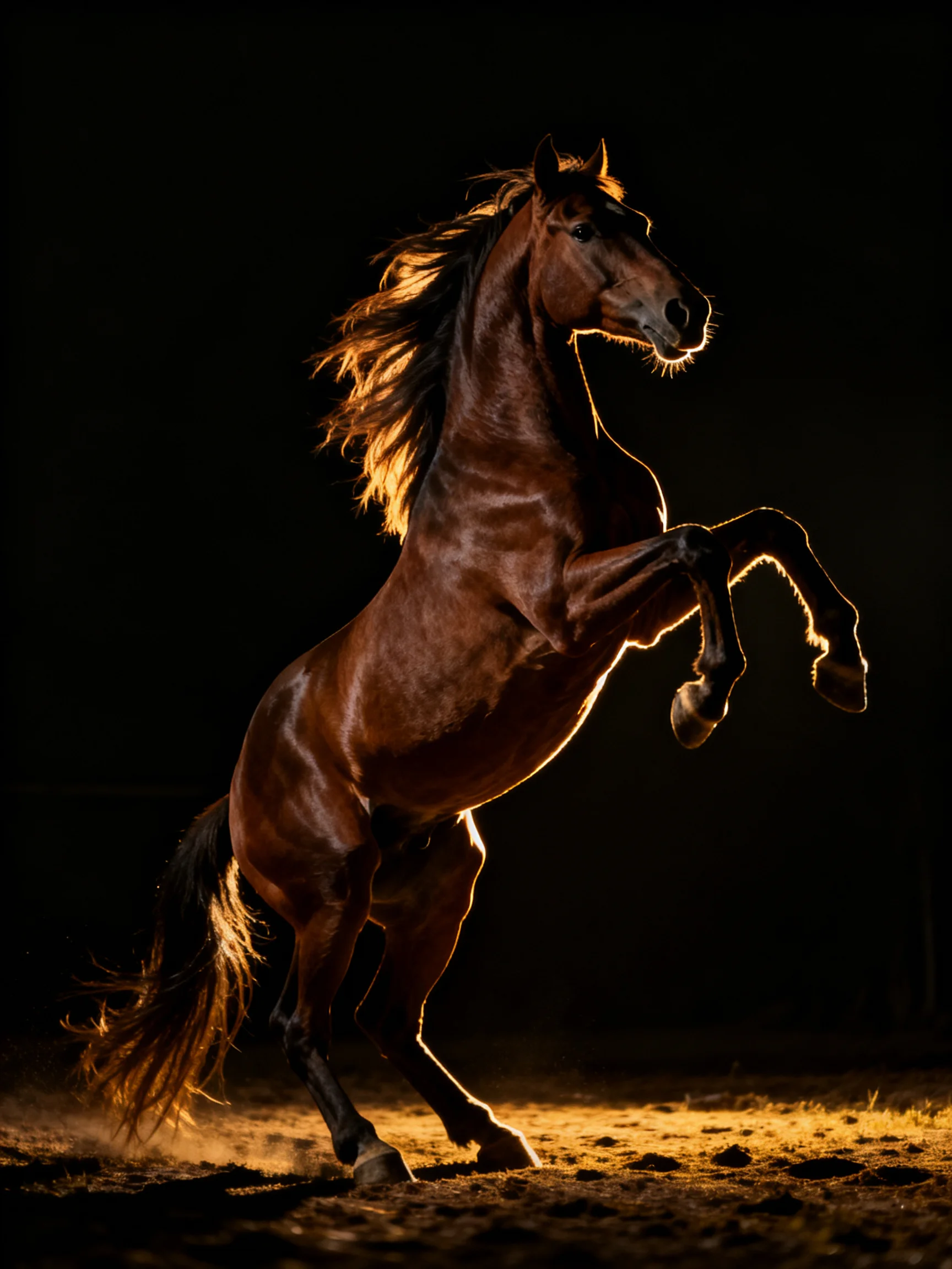 A powerful chestnut horse rears dramatically against a dark backdrop