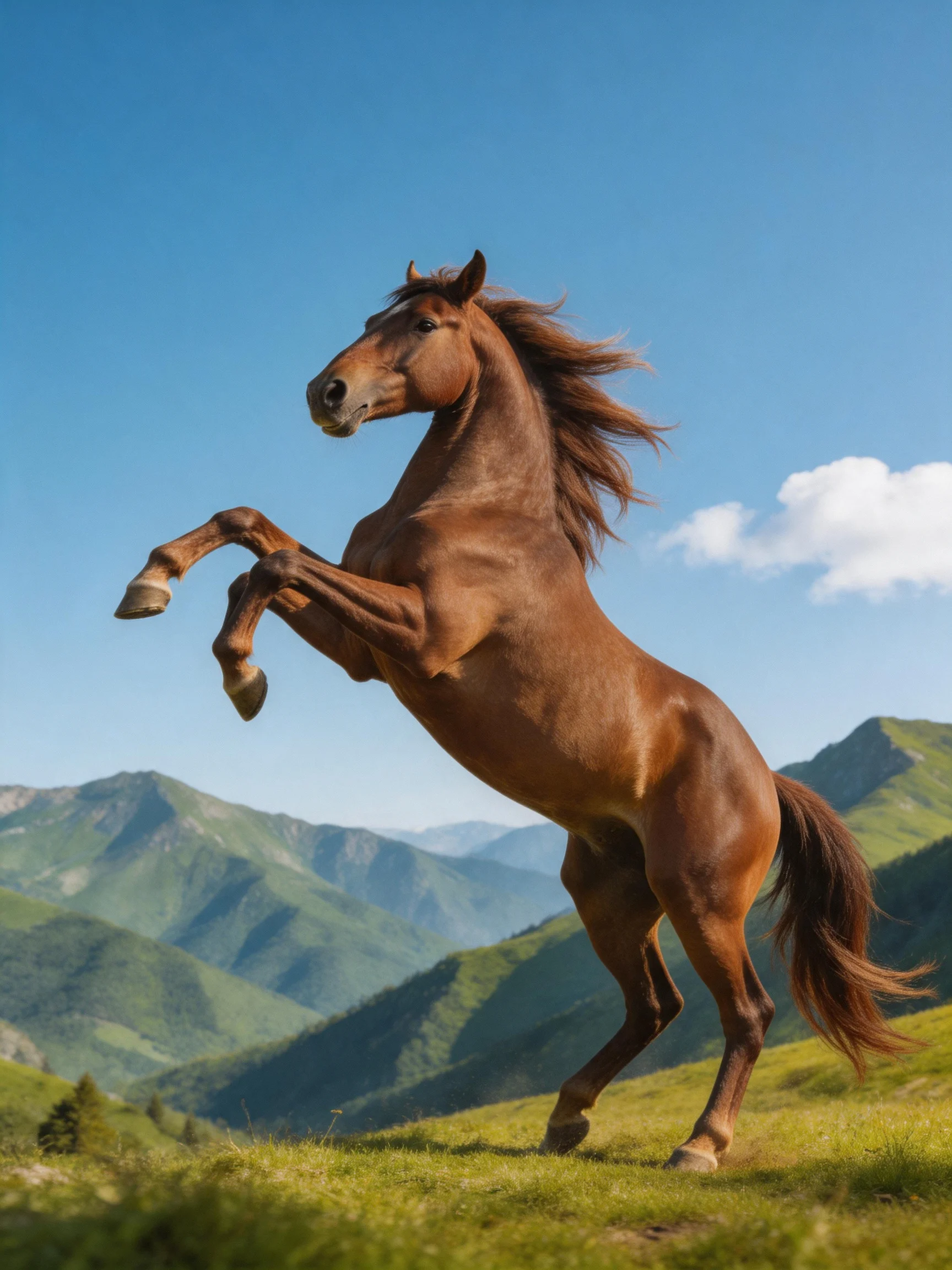 A powerful chestnut horse rears on hind legs amid green mountains under bright blue sky