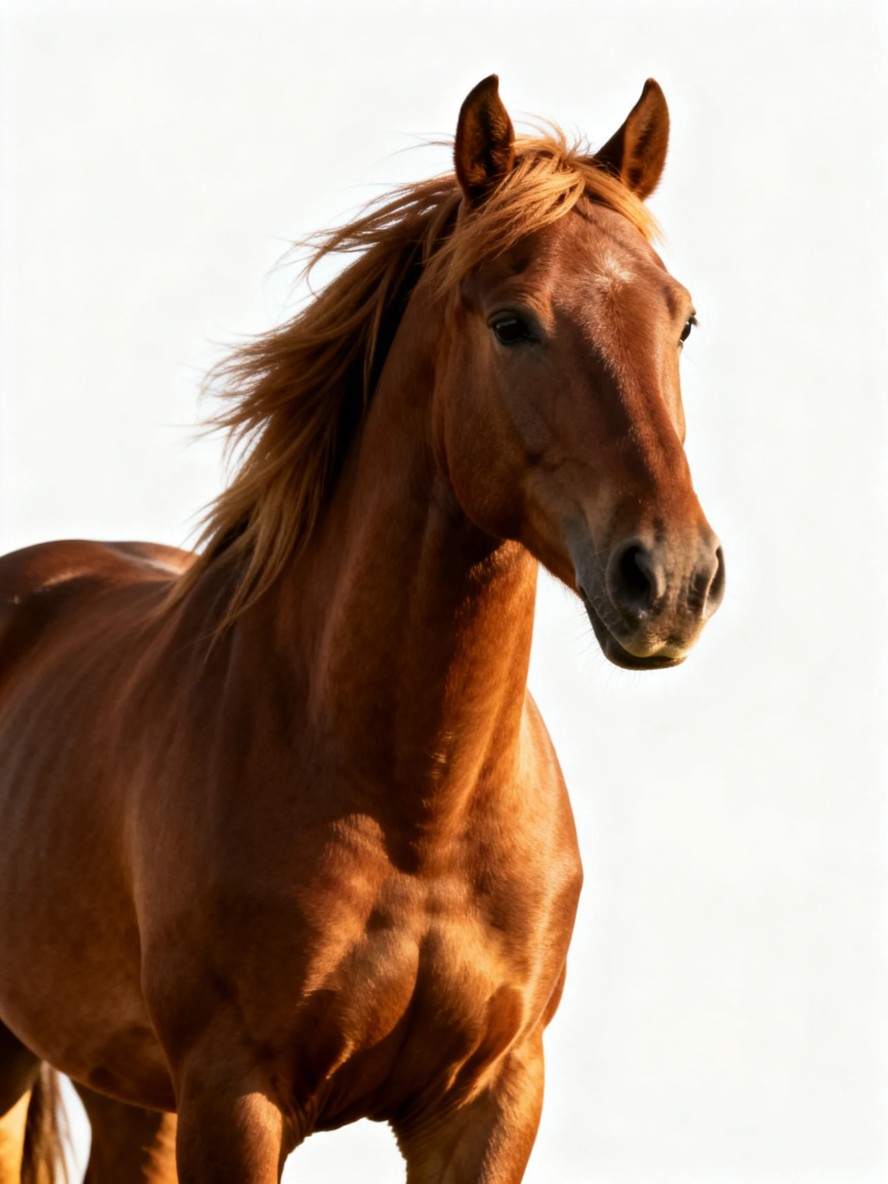 A powerful chestnut horse showcases its flowing mane under bright illumination
