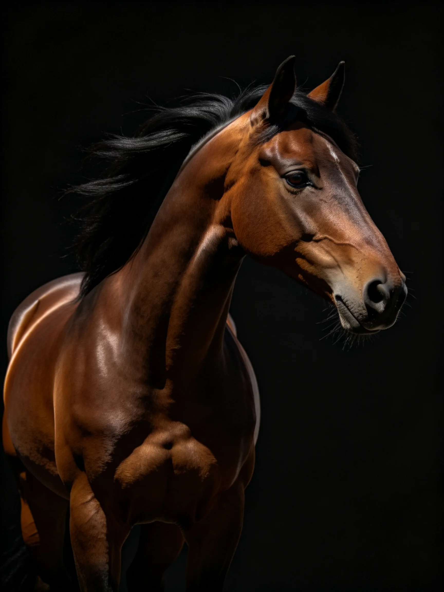A powerful chestnut horse with flowing black mane on a dark backdrop