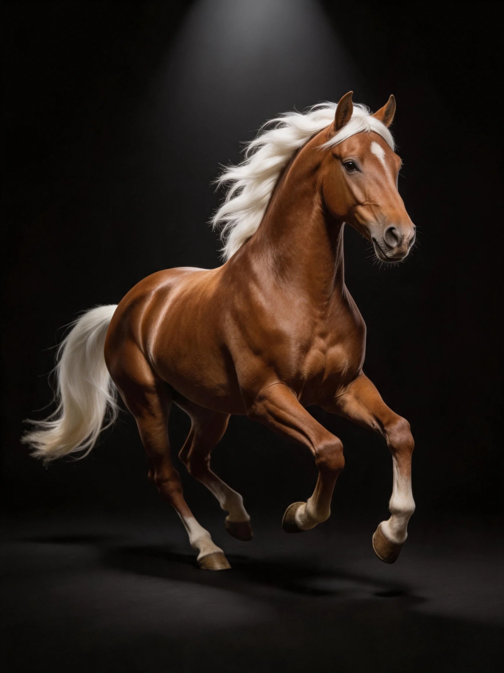 A powerful chestnut horse with white mane galloping under spotlight