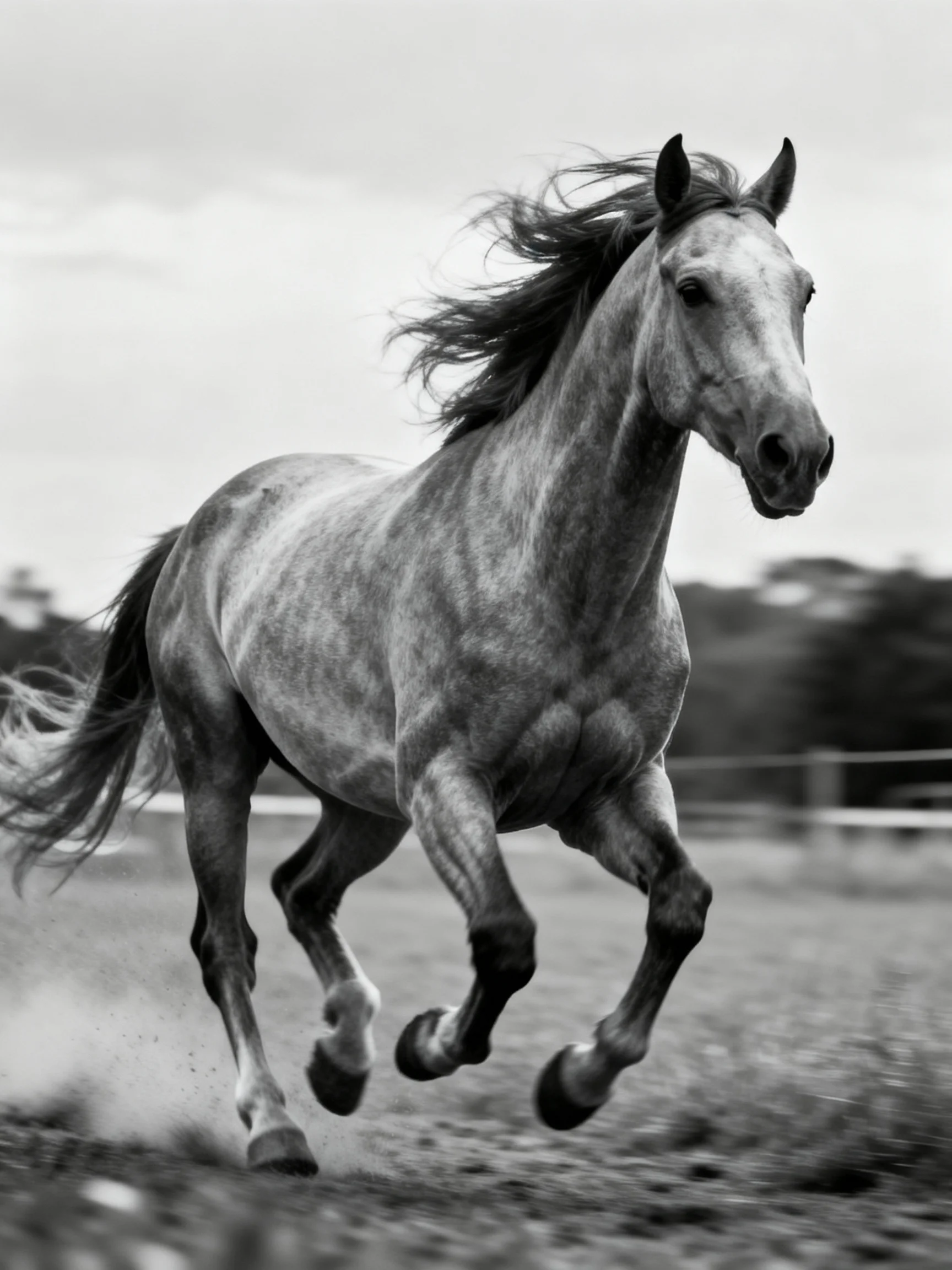 A powerful gray horse galloping through a dusty field