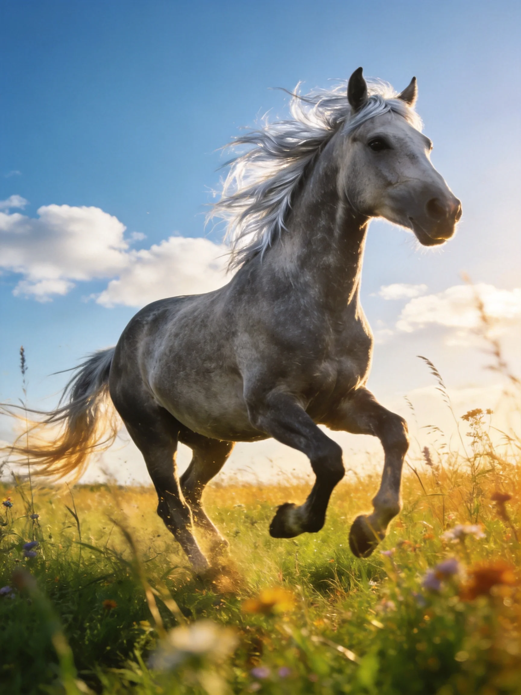 A powerful gray horse galloping through a flower-dotted meadow