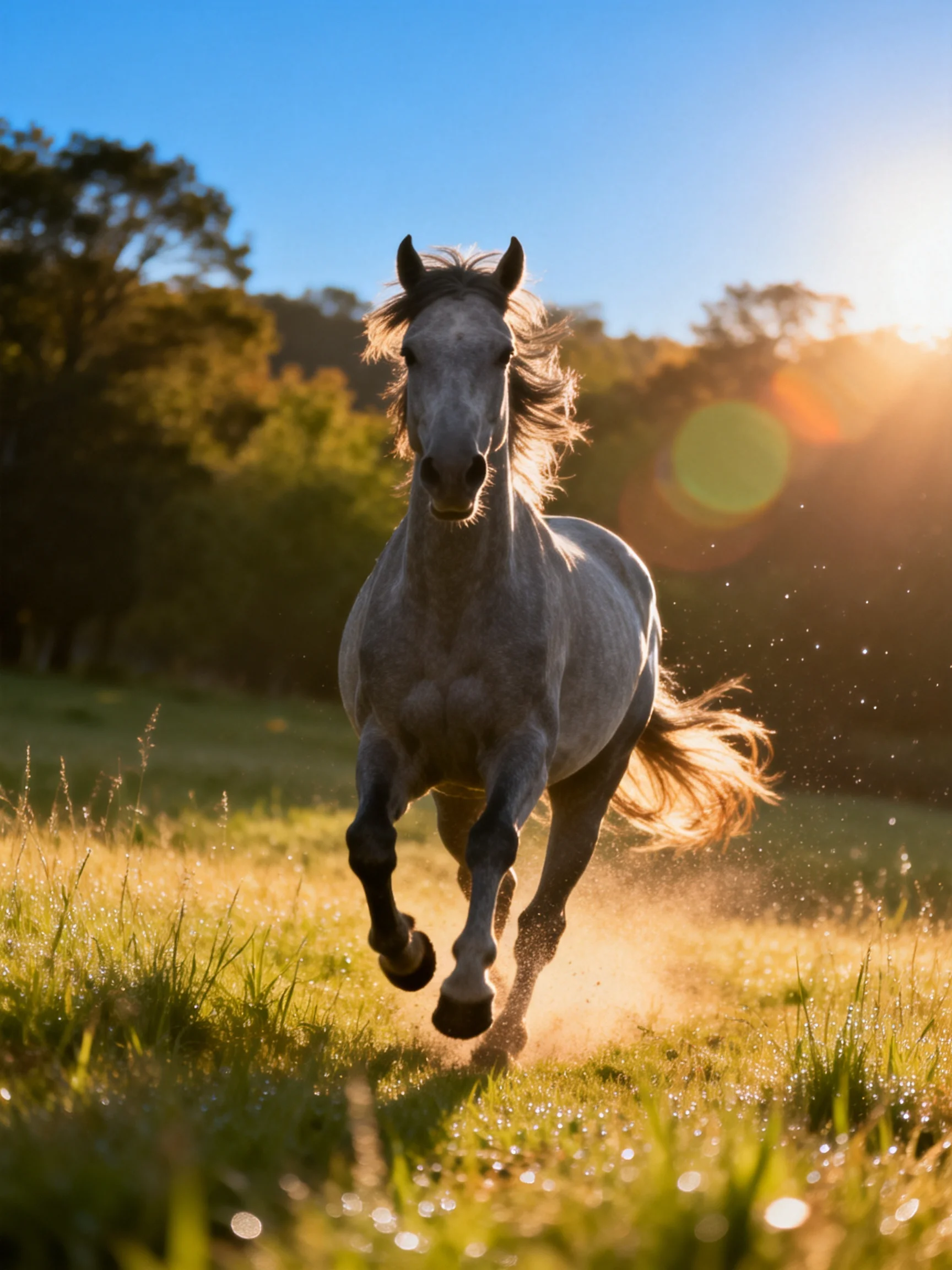A powerful gray horse galloping through a sunlit meadow