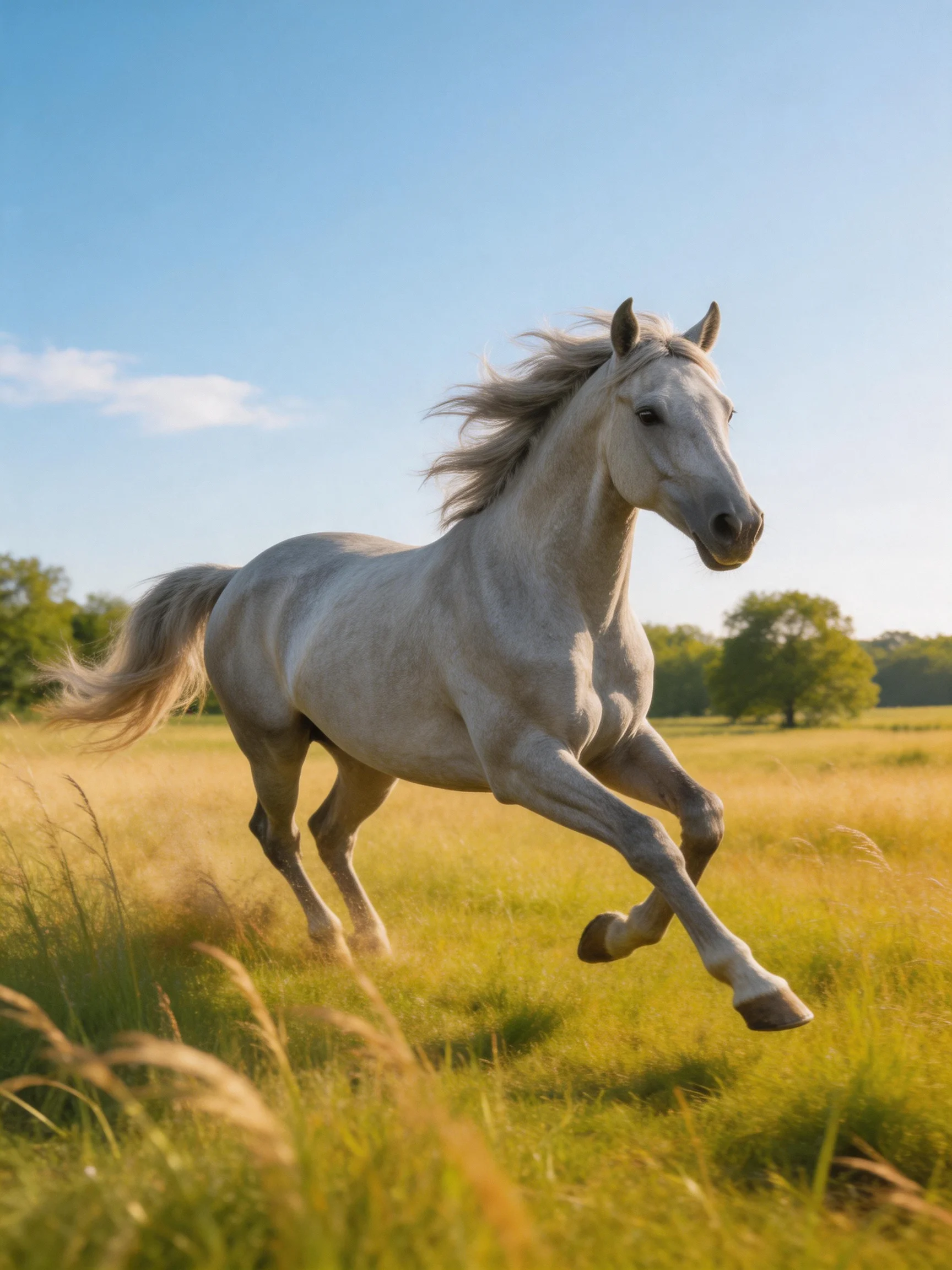 A powerful gray horse galloping through golden grasslands under clear blue skies