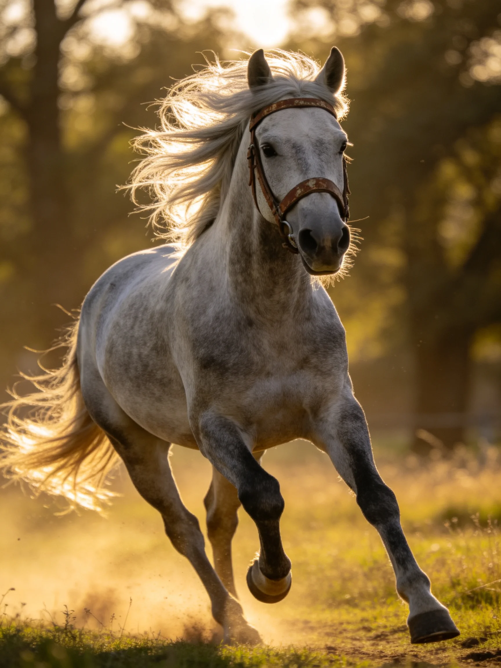 A powerful gray horse galloping through golden sunlight