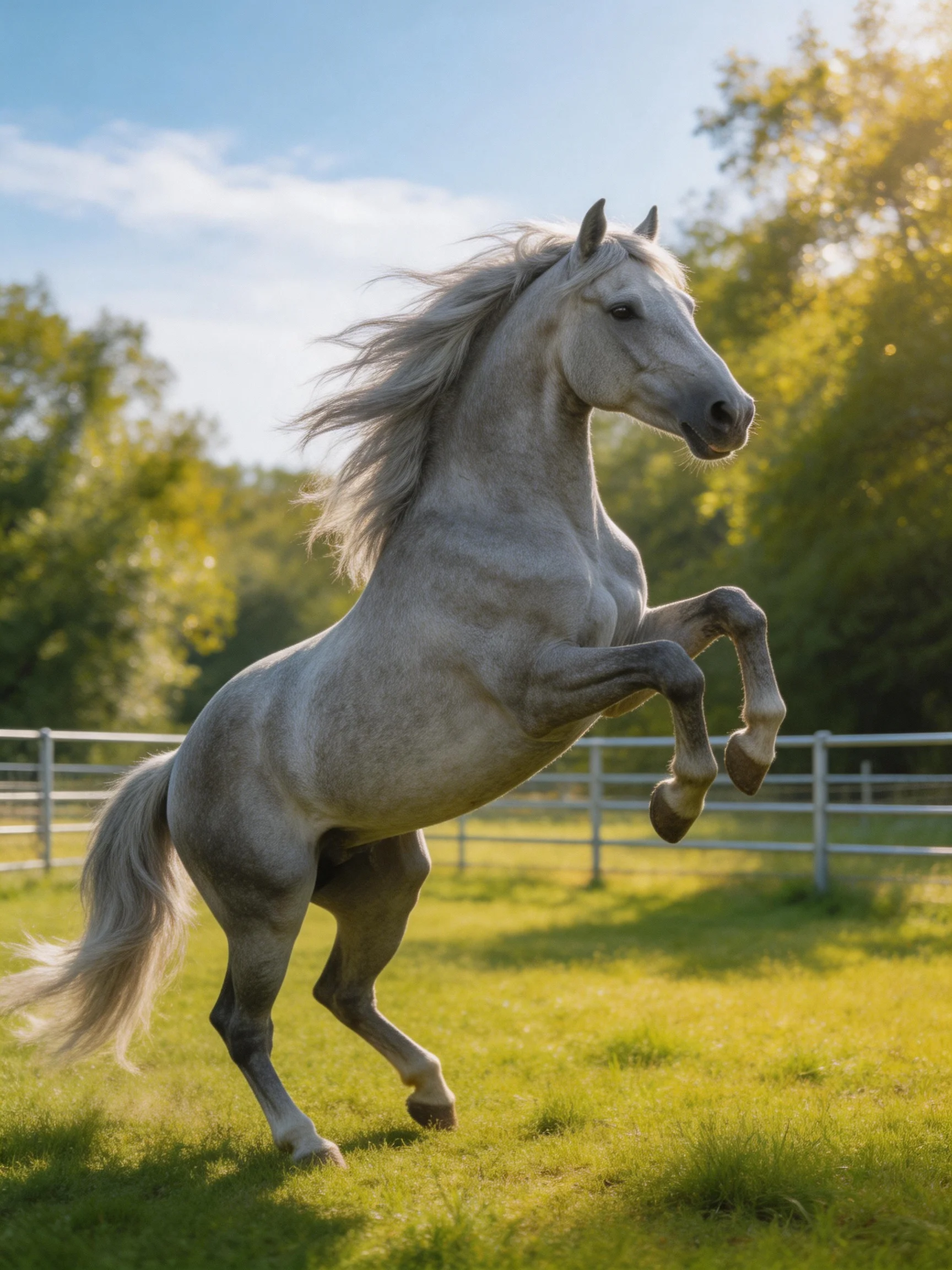 A powerful gray horse rears in a sunlit fenced pasture