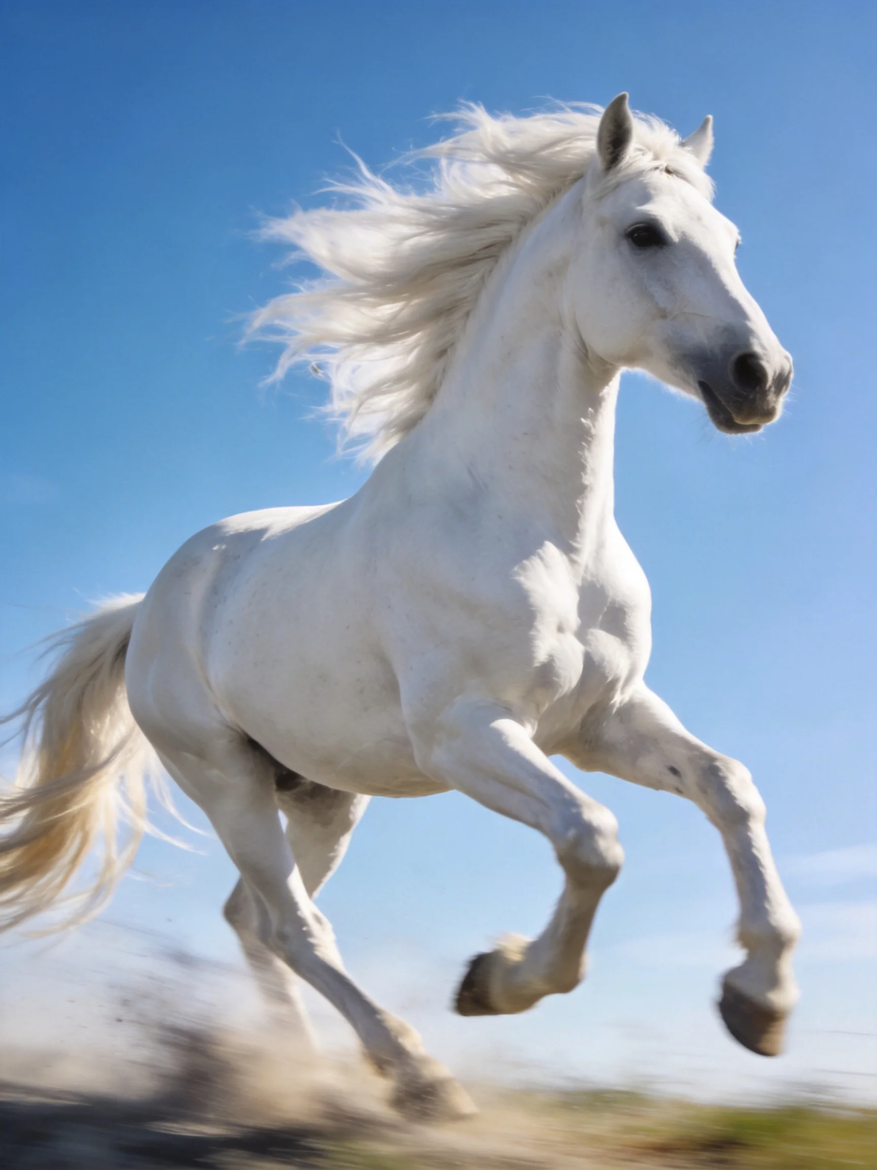 A powerful white horse galloping against a clear blue sky