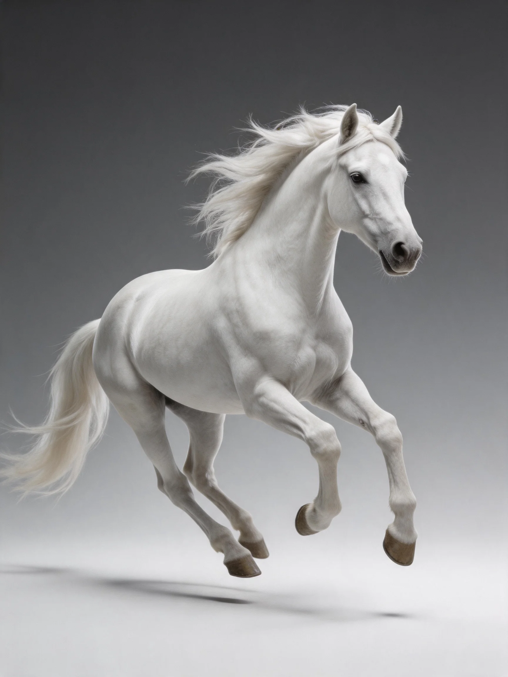 A powerful white horse galloping against a gradient gray backdrop