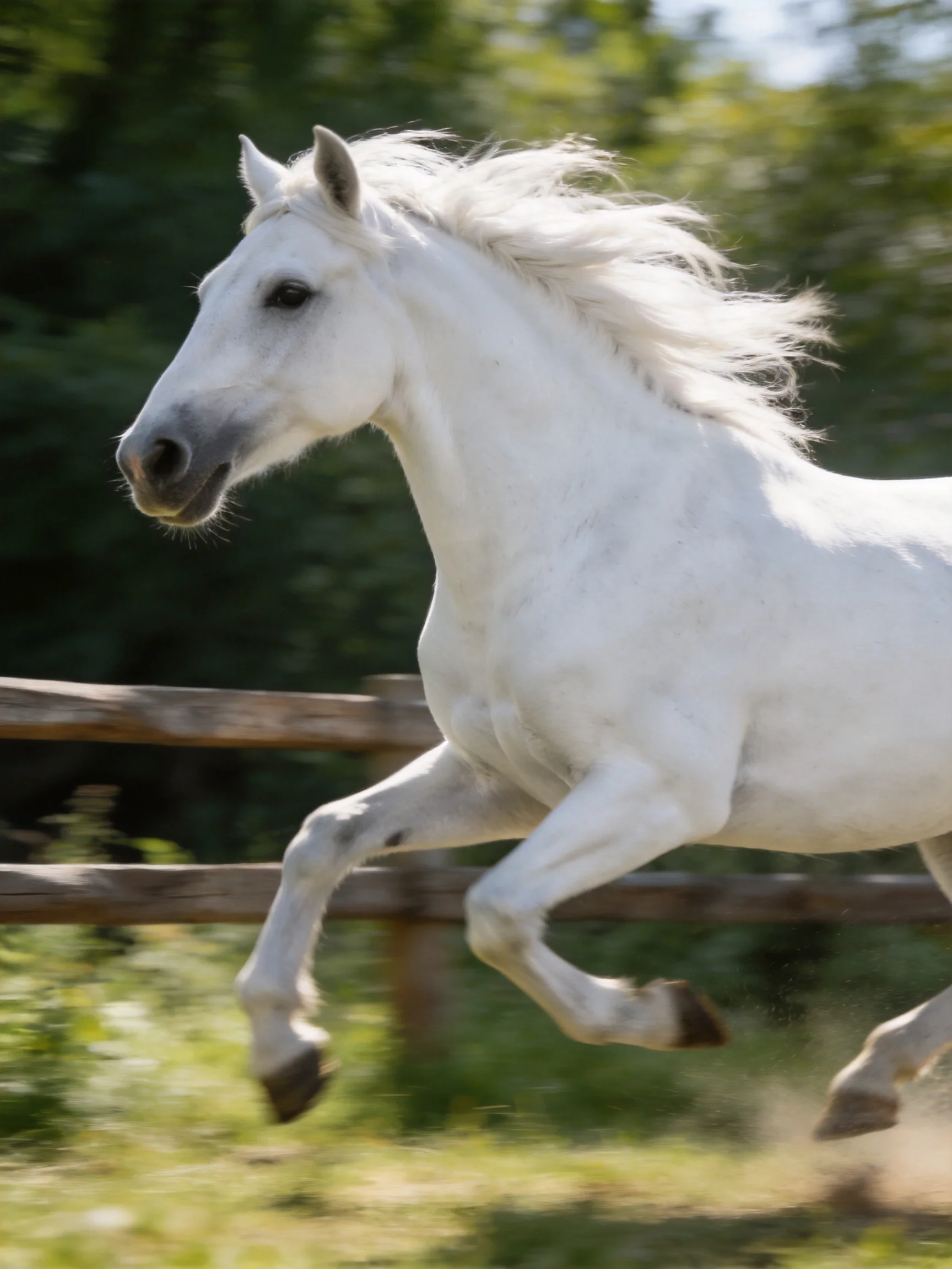 A powerful white horse galloping near a wooden fence