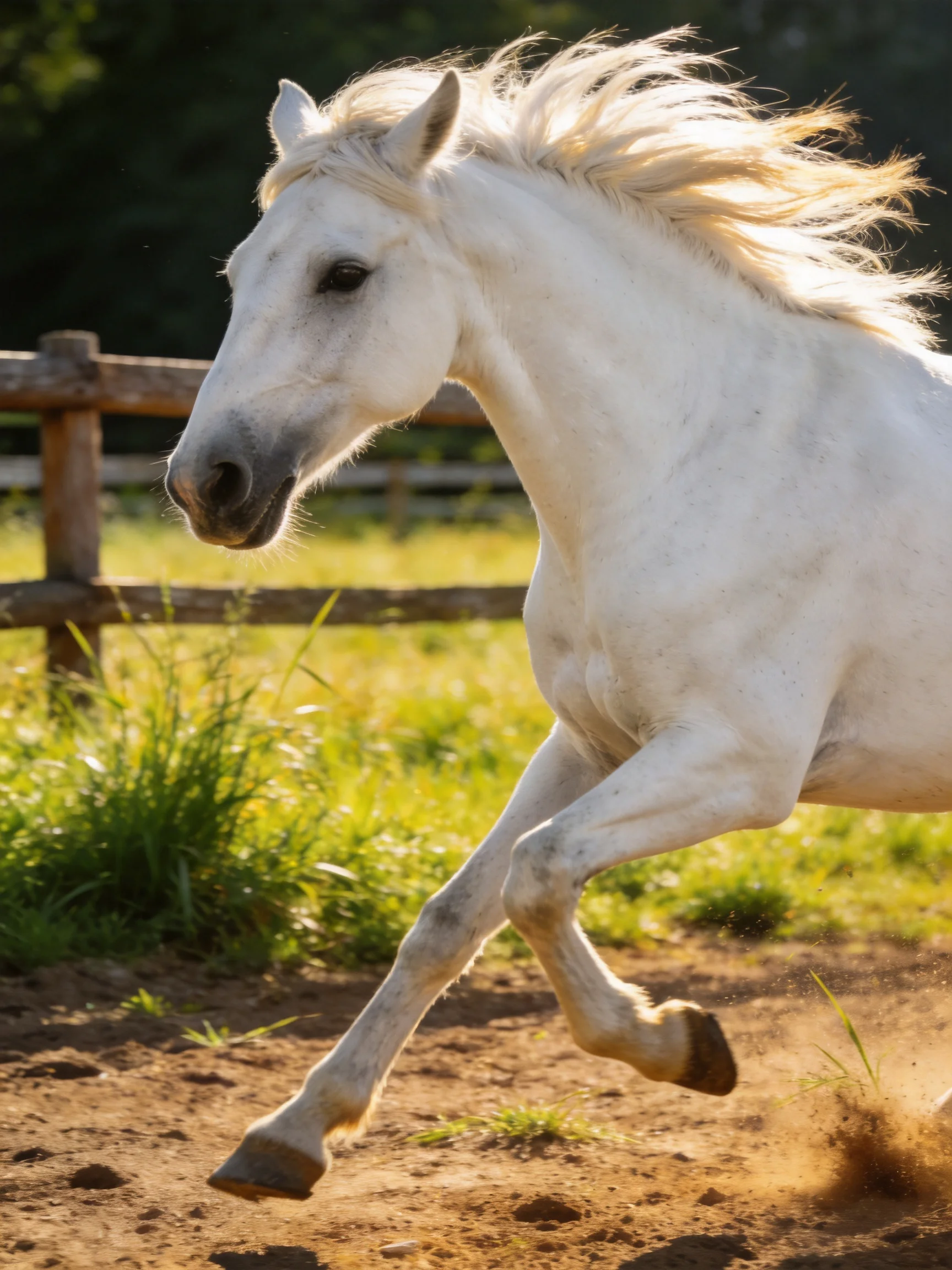 A powerful white horse galloping near wooden fences